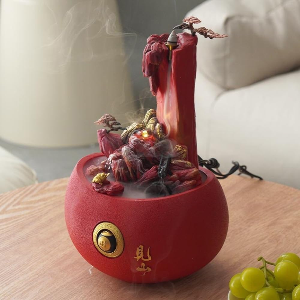 Red Tabletop Fountain with Sandstone Rockery Design