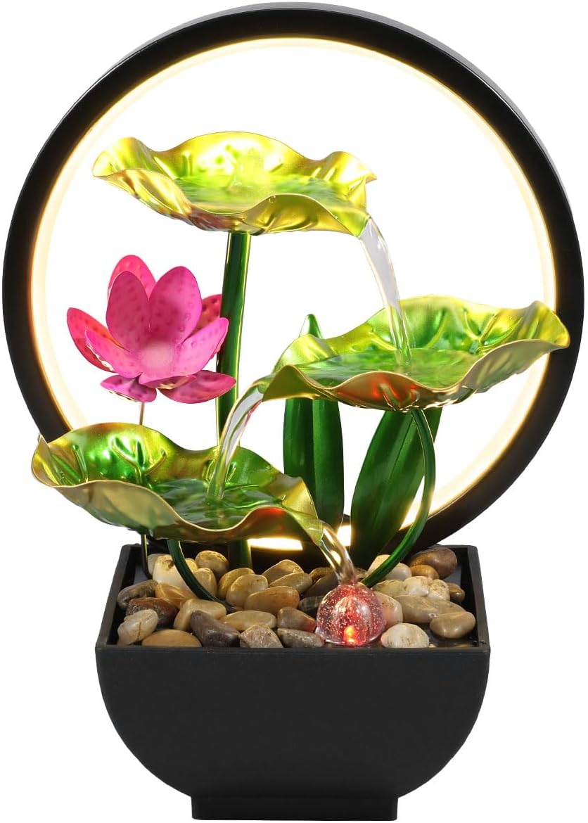 3-Tier Tabletop Fountain with LED Ring Lights and Rocks for Home Office Bedroom Meditation Decor Green