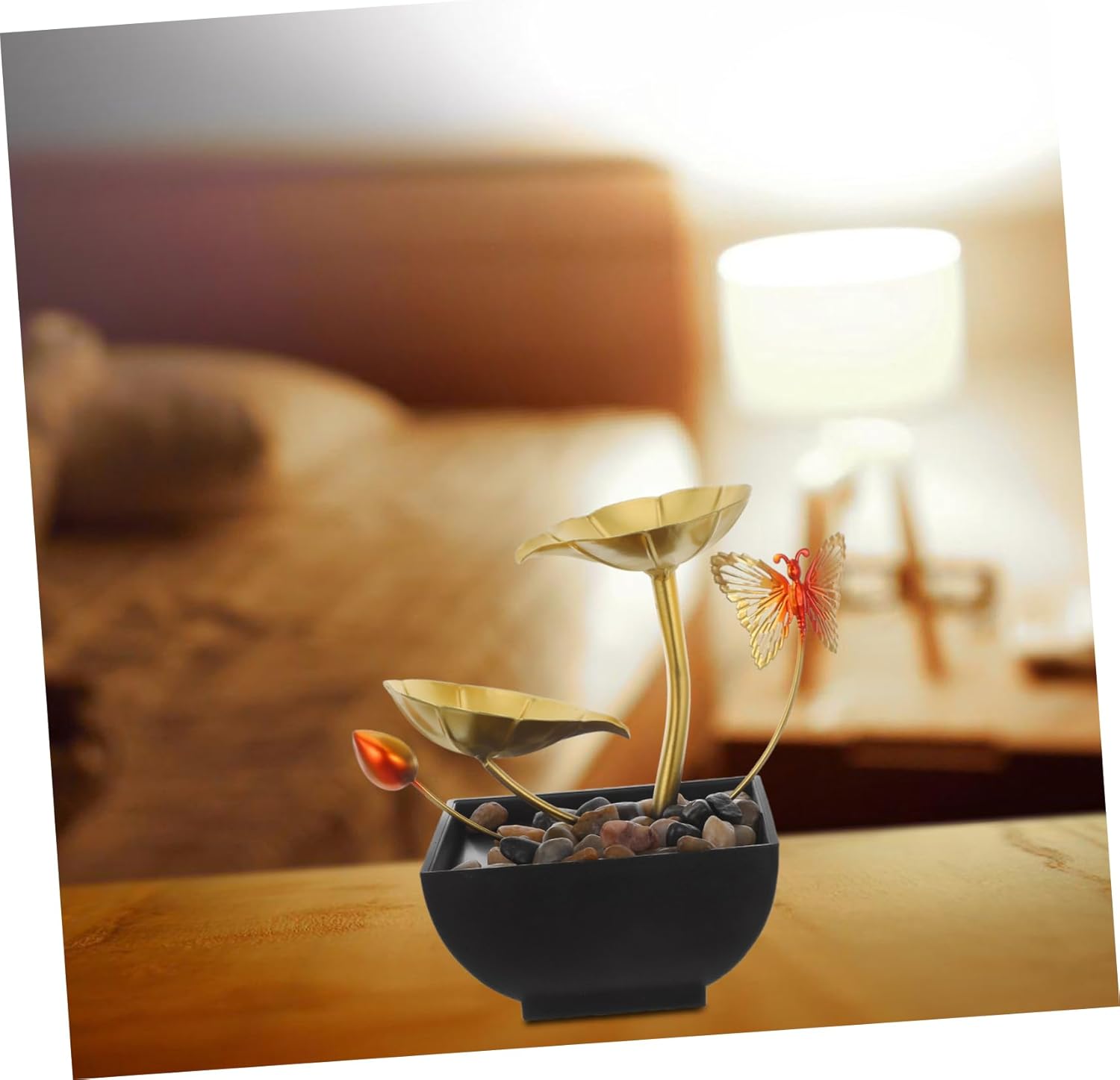 Alipis Indoor Tabletop Fountain with Golden Lotus Leaf and LED Light