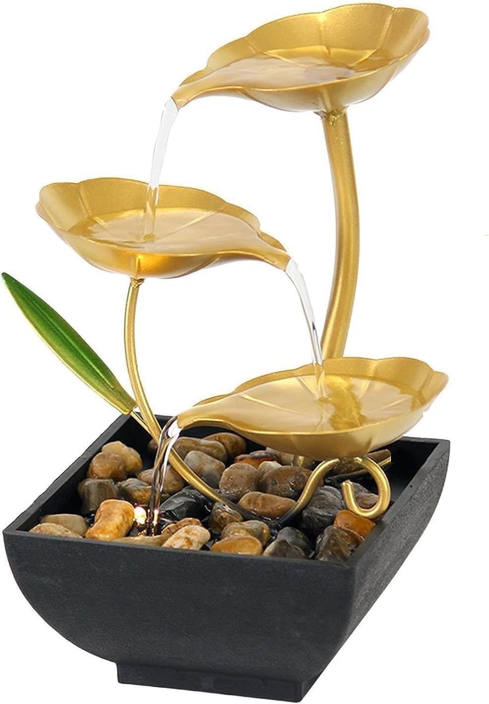 TRV Tabletop Fountain with Golden Flowers and River Rocks