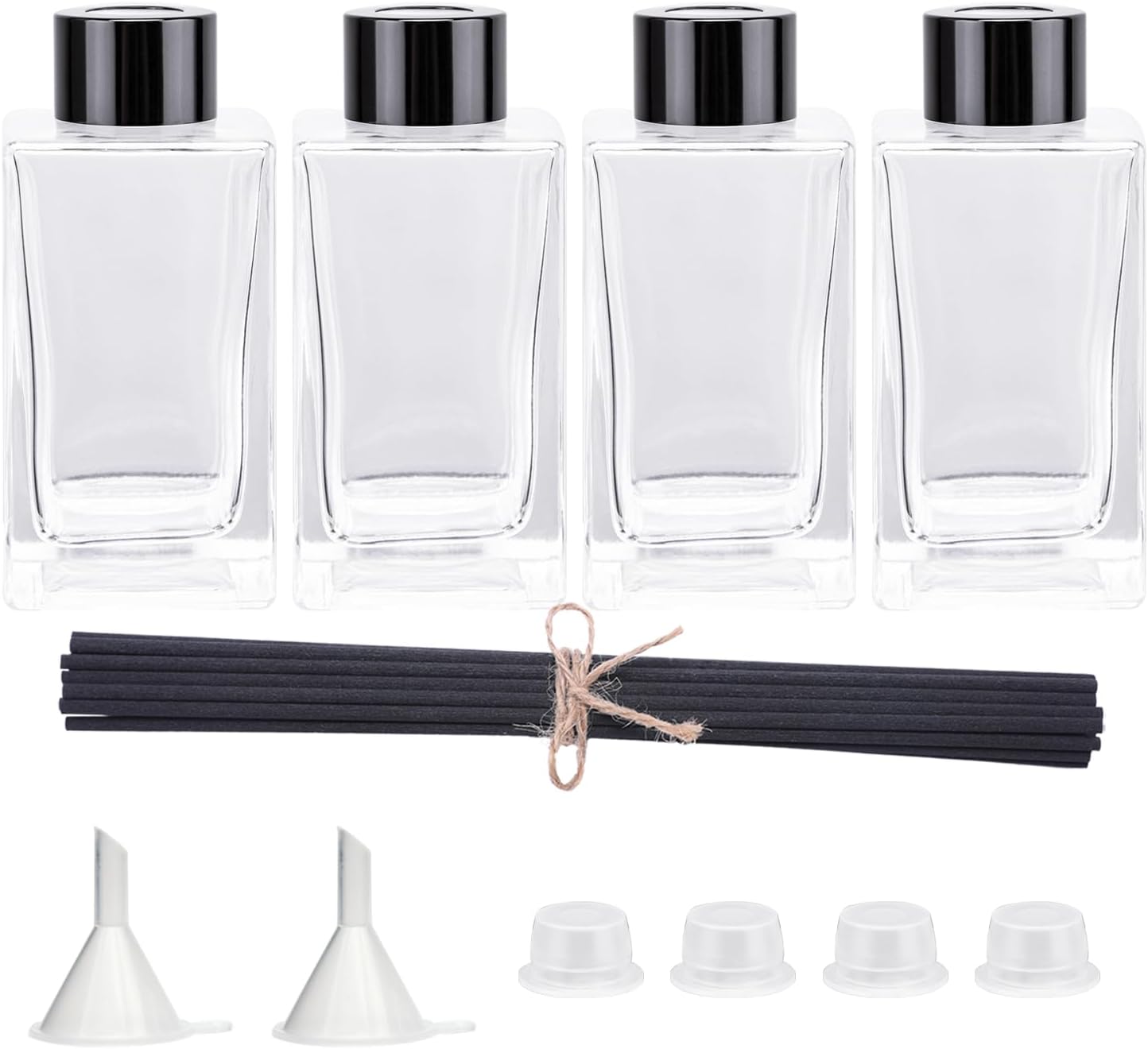 4PCS Clear Glass Fragrance Diffuser Bottles with 20 Reeds Funnel and Stoppers for Home Decor