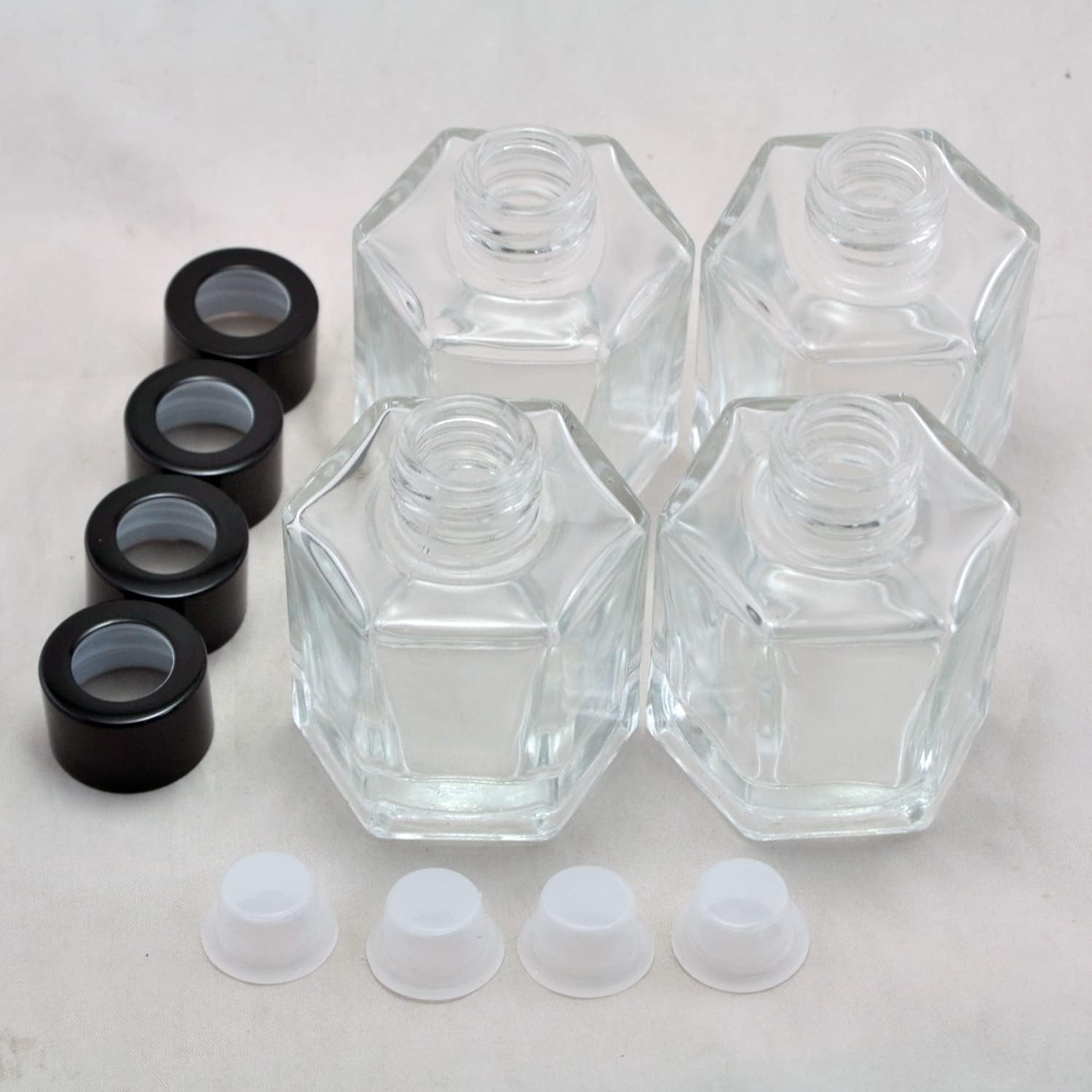 Set of 4 Hexagon Glass Essential Oil Bottles with Black Caps