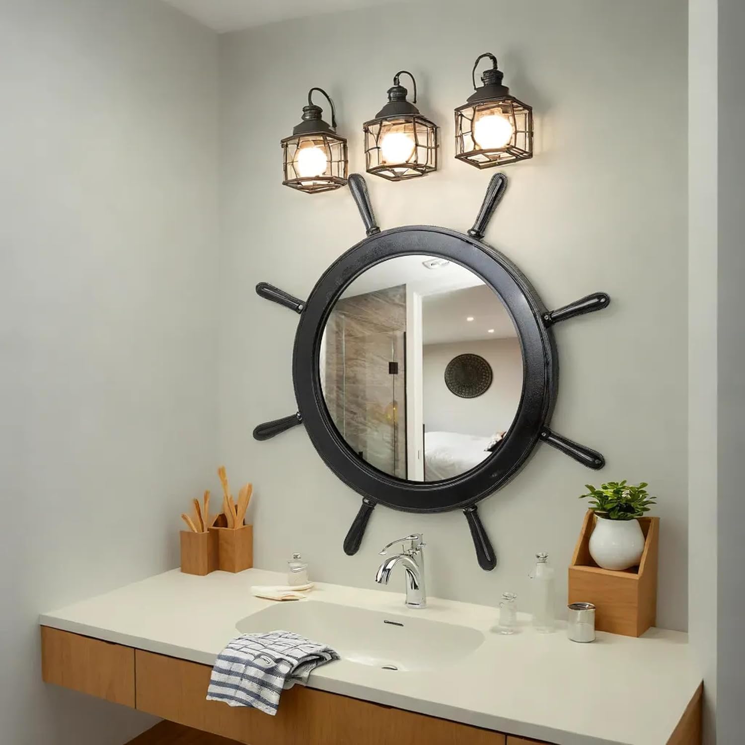 Nagina International 16 Inch Matte Black Ship Wheel Mirror