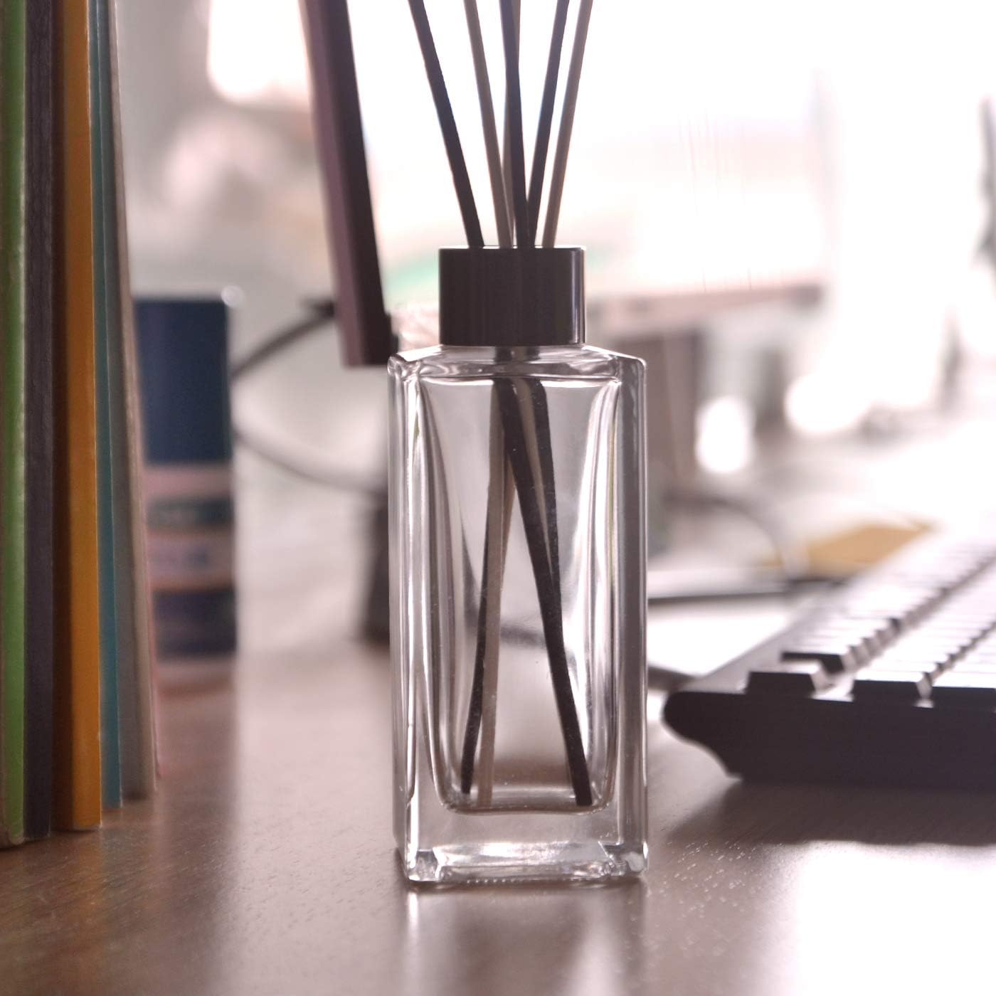 Set of 4 Rectangle Glass Reed Diffuser Bottles with Black Caps