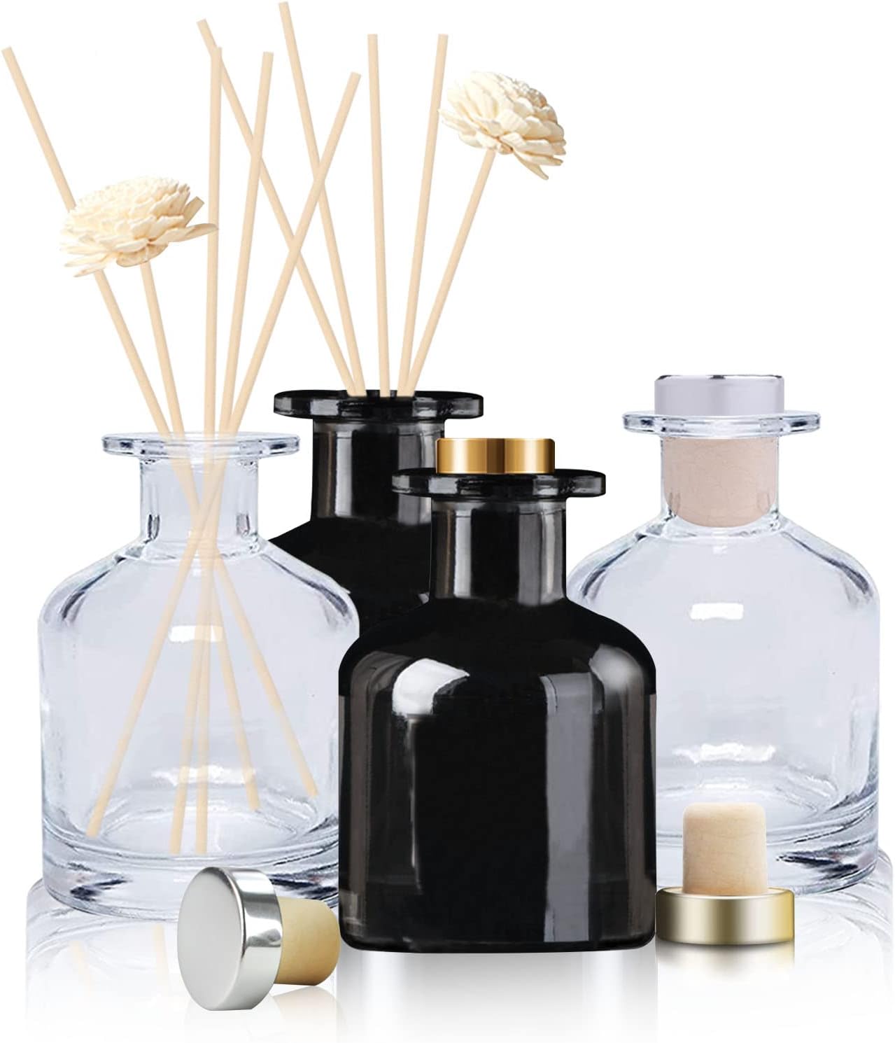 HOSSIAN 2 Clear Glass Diffuser Bottles with Natural Reed Sticks