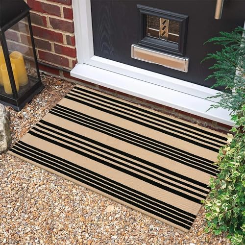 Tiveney 2 x 3 Front Door Mat Outdoor Entrance Entryway Rug Black Khaki Layered Doormats
