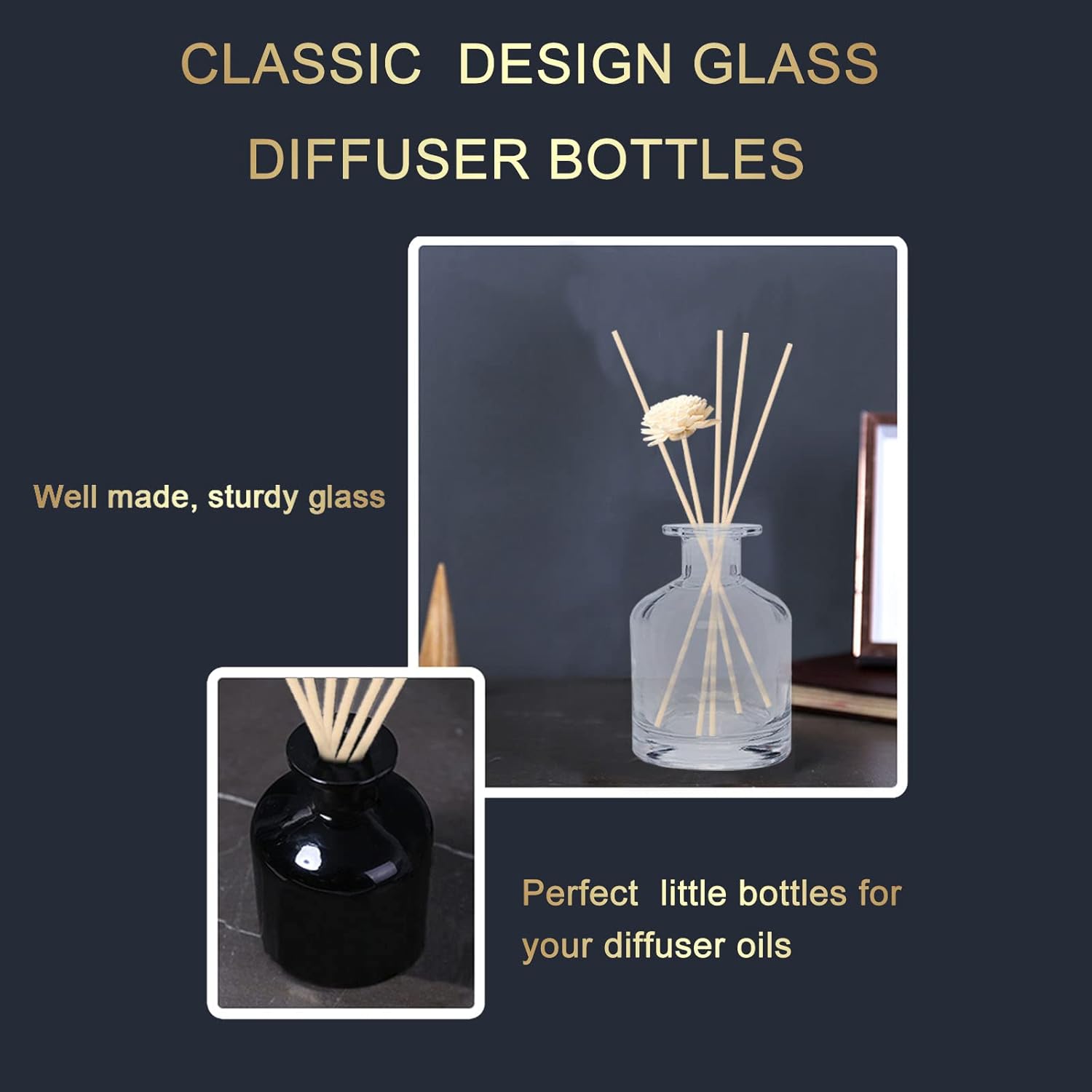 HOSSIAN 2 Clear Glass Diffuser Bottles with Natural Reed Sticks