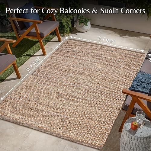 Hausattire Jute Woven Area Rug 3x5 - Natural Hand Braided Boho Rug for Living Room and Kitchen