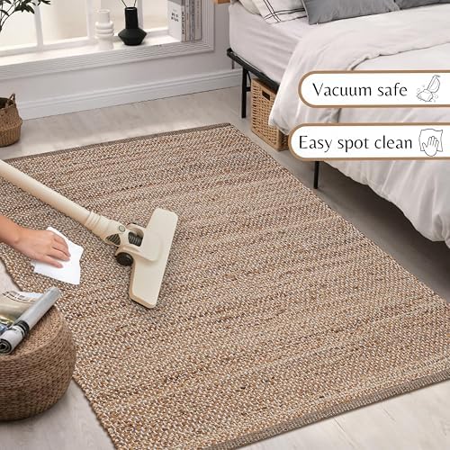 Hausattire Jute Woven Area Rug 3x5 - Natural Hand Braided Boho Rug for Living Room and Kitchen