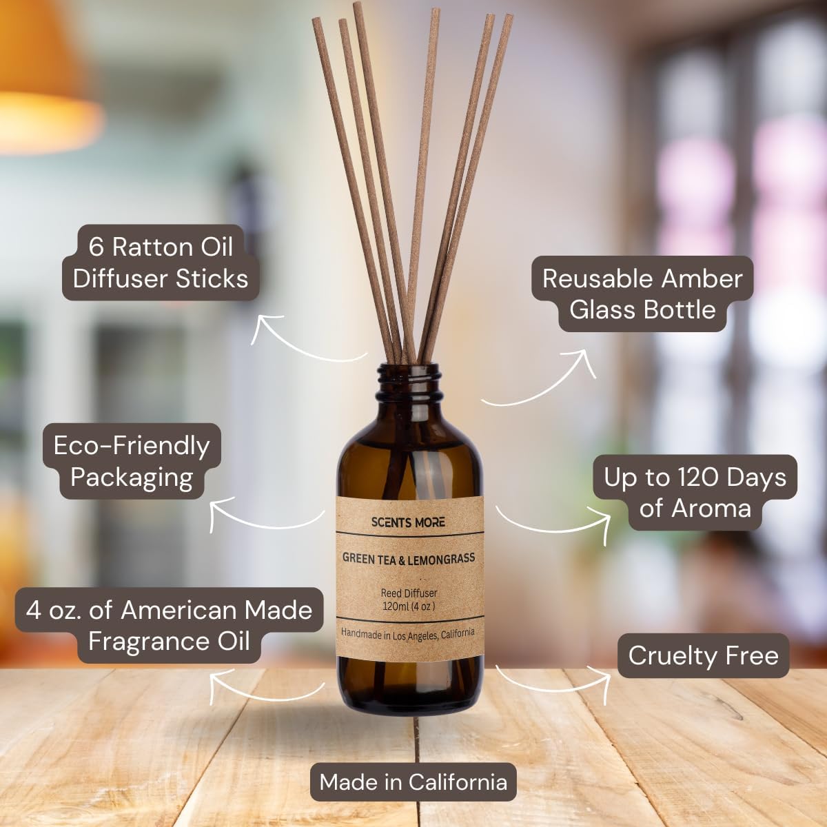 Mahogany Teakwood Reed Diffuser Set - 4oz Scented Fragrance Oil for Home Bedroom Bathroom