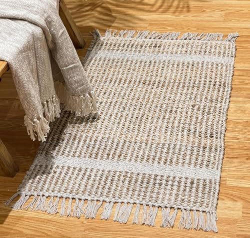 Chardin Home 2x3 Jute Cotton Woven Rug with Knotted Fringes