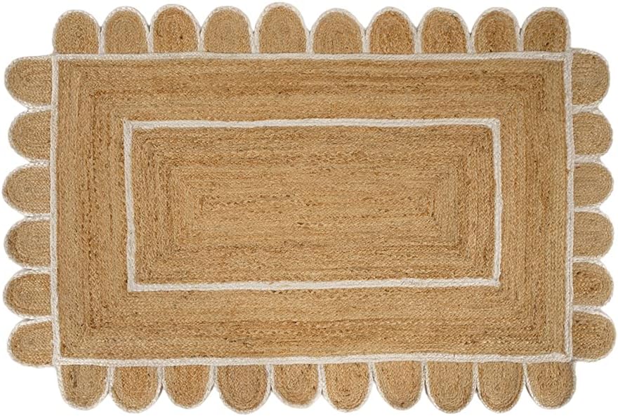 GRUHUM Scalloped Jute Rug 2x3 ft Natural White Trim Rectangular
