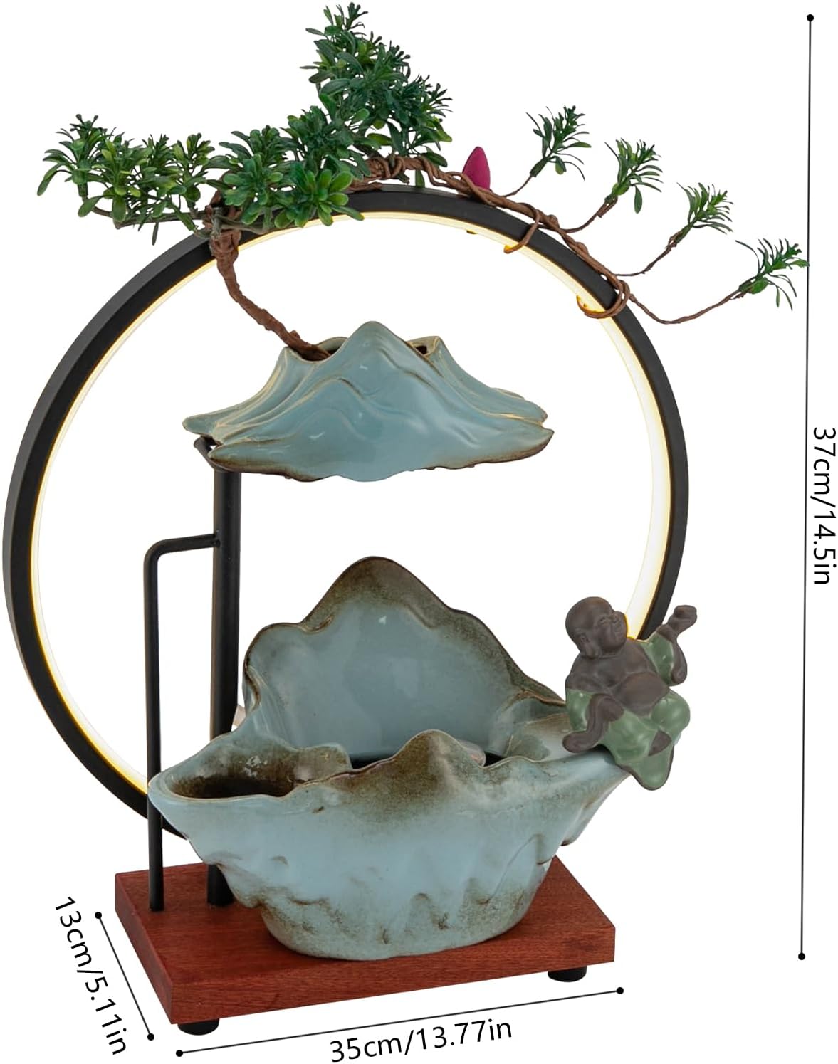 Tabletop Fountain with LED Ring Light and Incense Holder