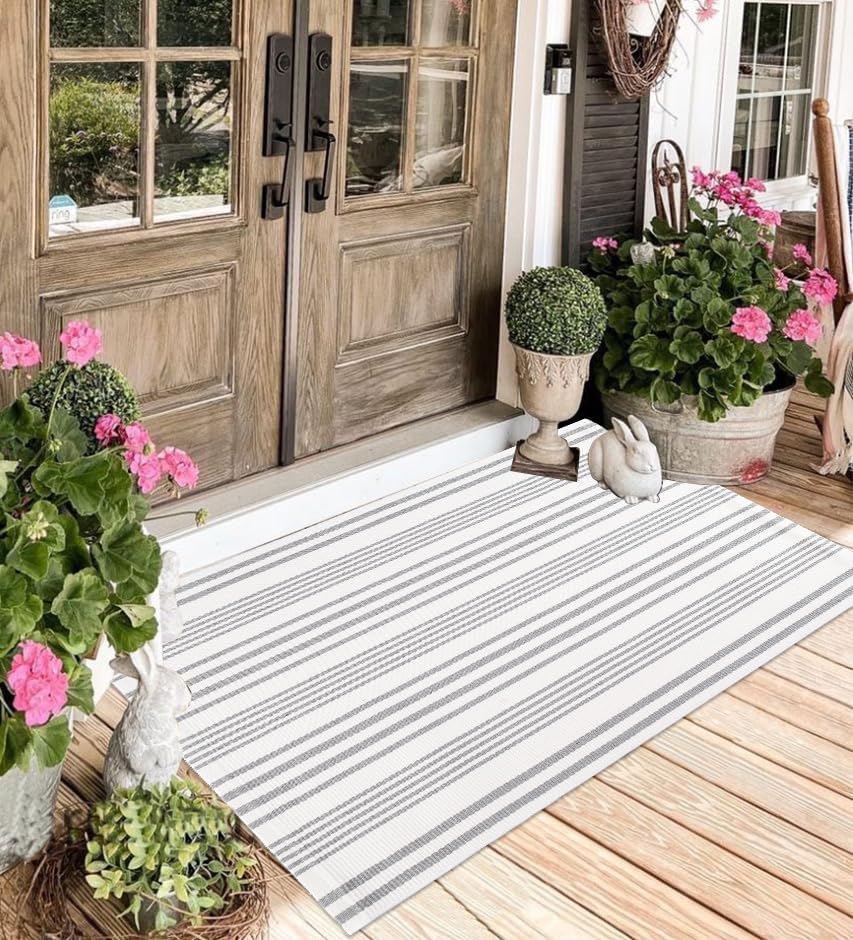 Striped Outdoor Rug for Porch 24x51 Grey White