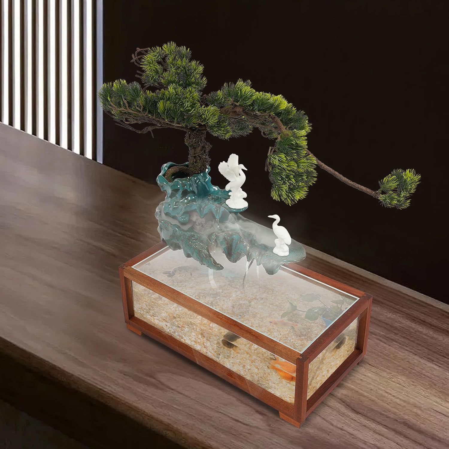 Porkke Spreading Fish Tank Flowing Ornament Desktop Fountain with LED Light and Atomizer for Home Office Decor