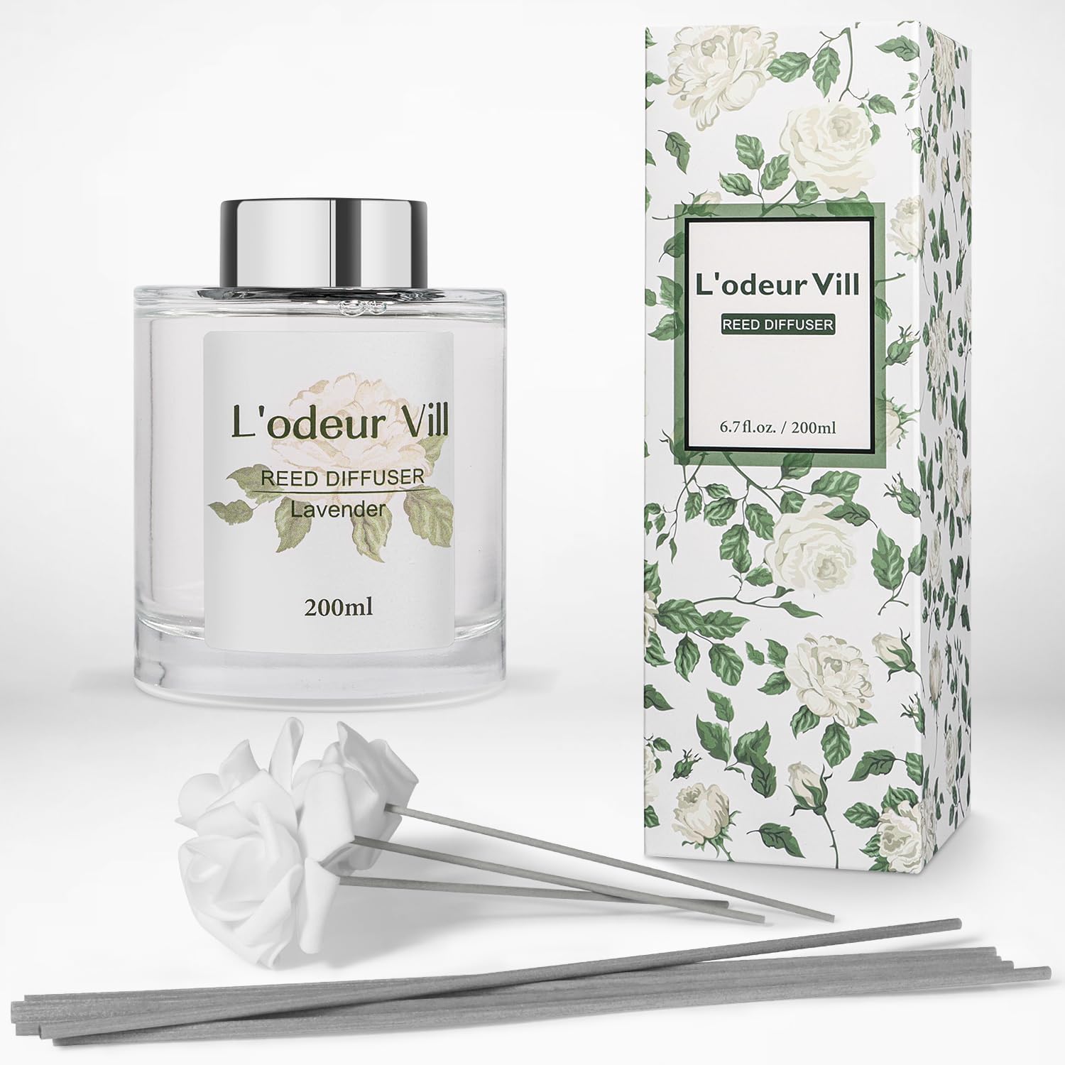 Lodeur Vill Reed Diffuser Set 67 oz Lavender Scented with 3 Artificial Roses