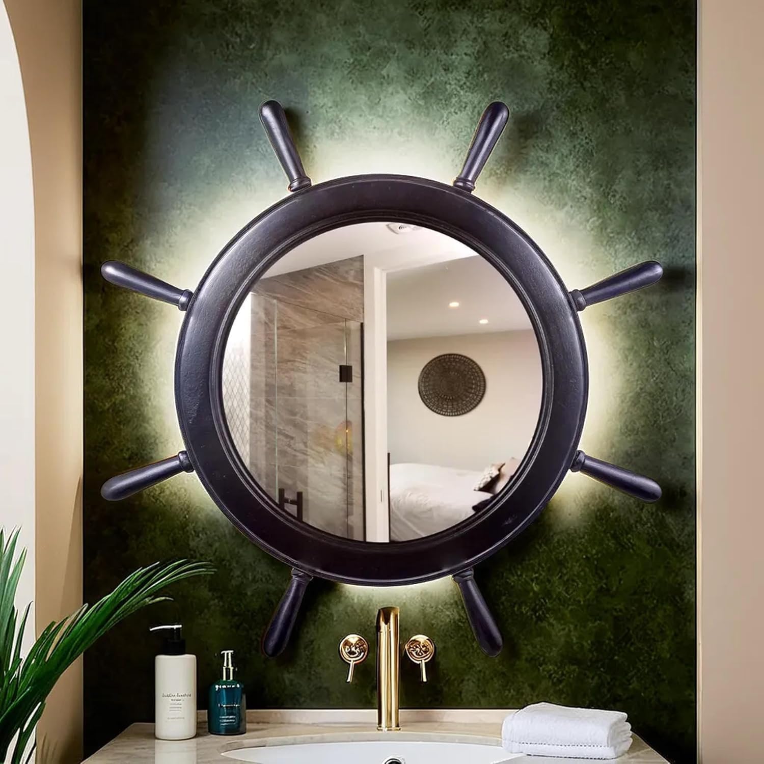 Nagina International 16 Inch Matte Black Ship Wheel Mirror