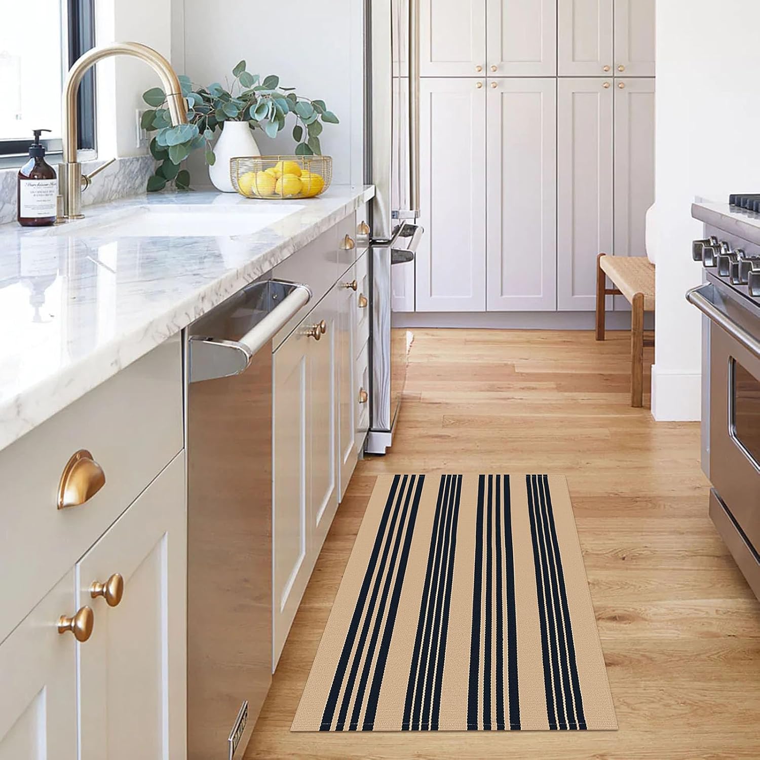 KOZYFLY Striped Front Door Mat 2x3 Ft Brown Black Cotton Washable Indoor Outdoor Rug