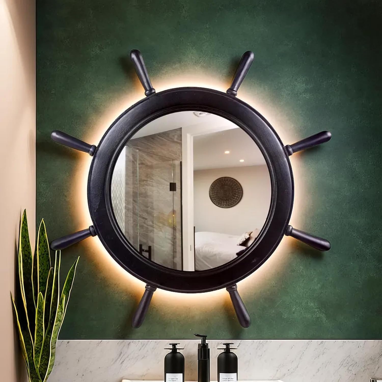 Nagina International 16 Inch Matte Black Ship Wheel Mirror