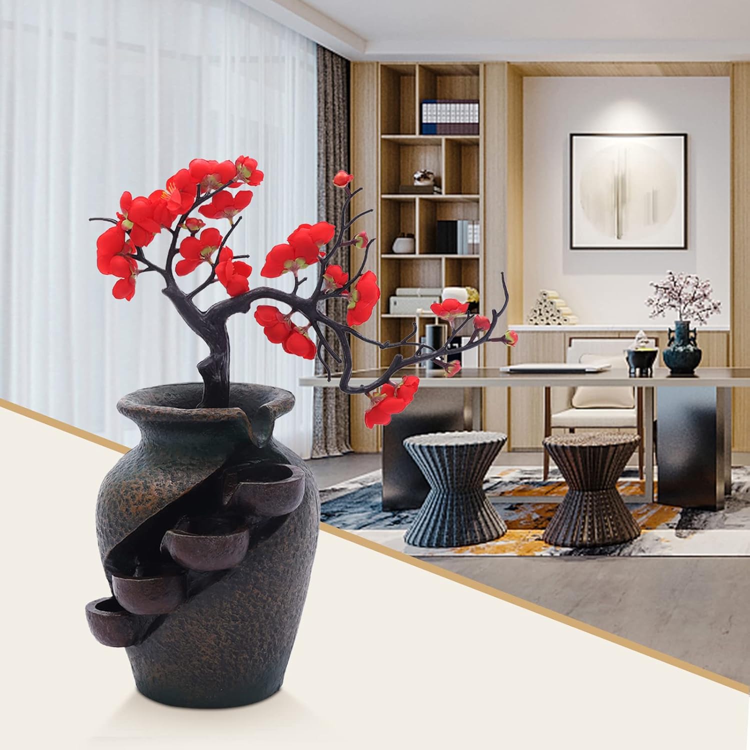 Flower Vase Waterfall Fountain Tabletop Indoor Feng Shui Decor
