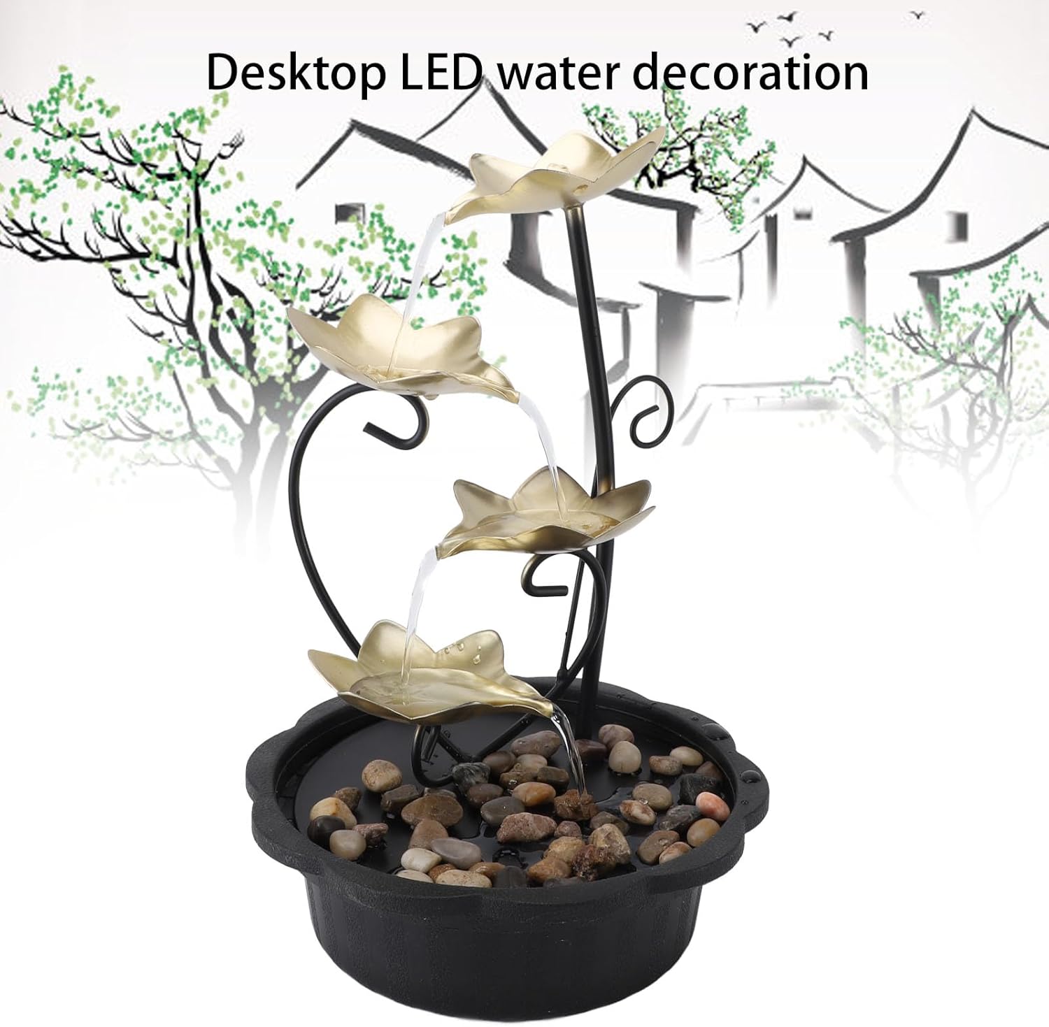 Tabletop Fountain with LED Light and 3-Tier Waterfall Design