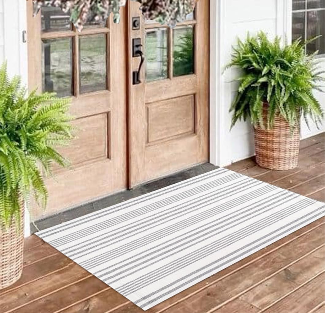 Striped Outdoor Rug for Porch 24x51 Grey White