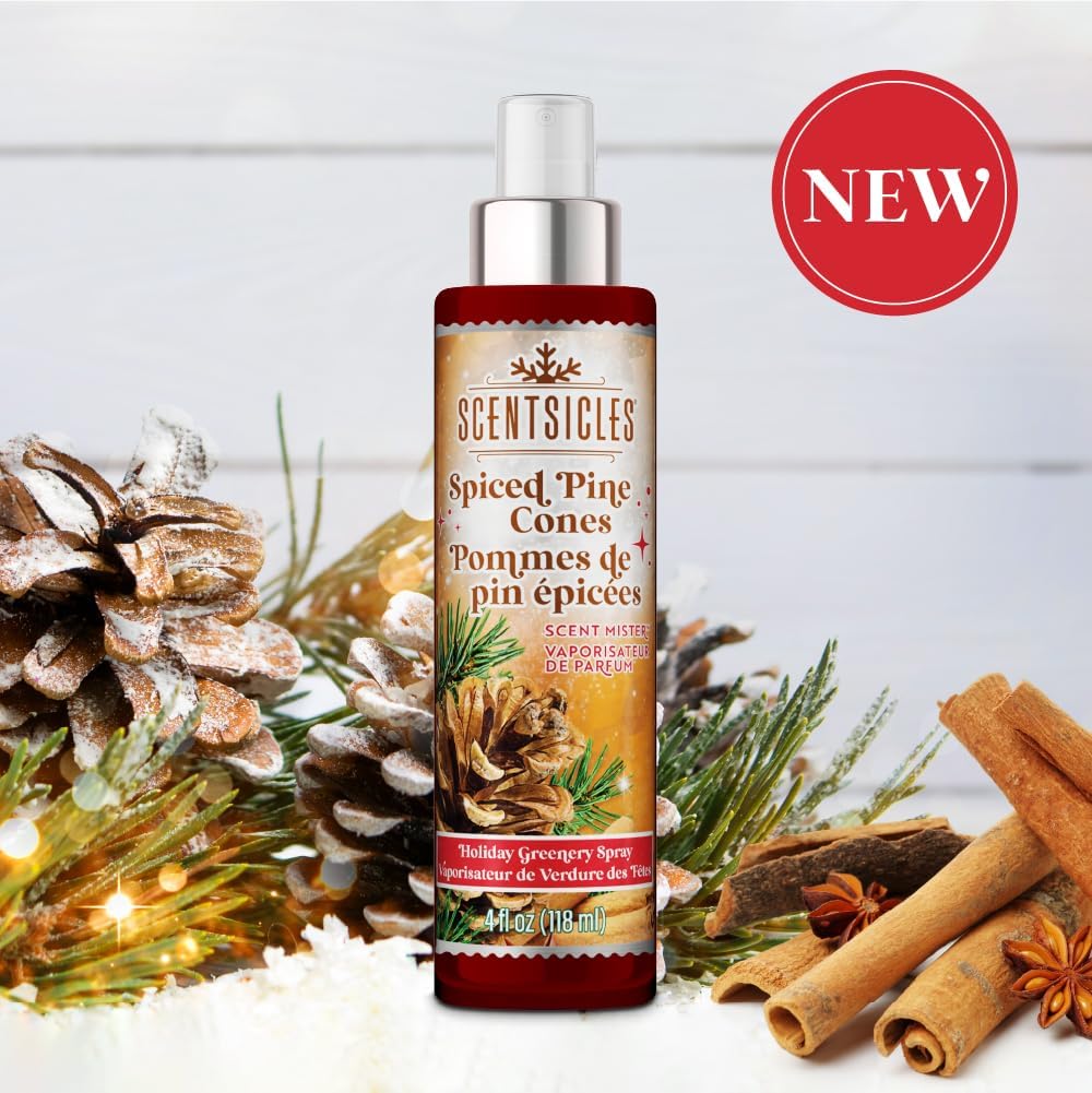 Scentsicles Spiced Pine Cones Scented Christmas Tree Ornaments - 1 Bottle 6 Sticks 1 Spray 4 Oz