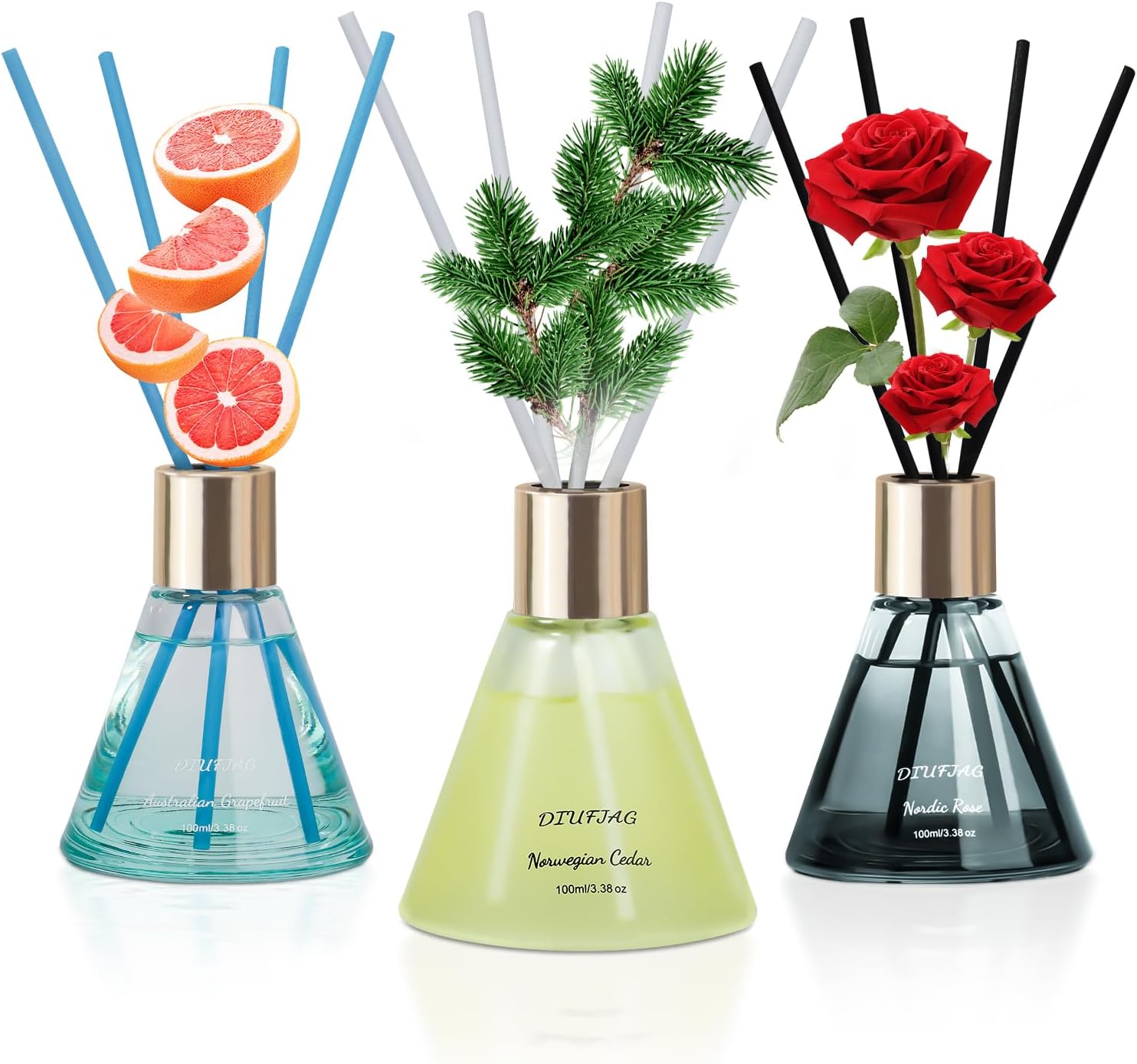 3 Pack 100ml Reed Diffusers with 24 Fiber Sticks Rose Cedar Grapefruit Room Fragrance
