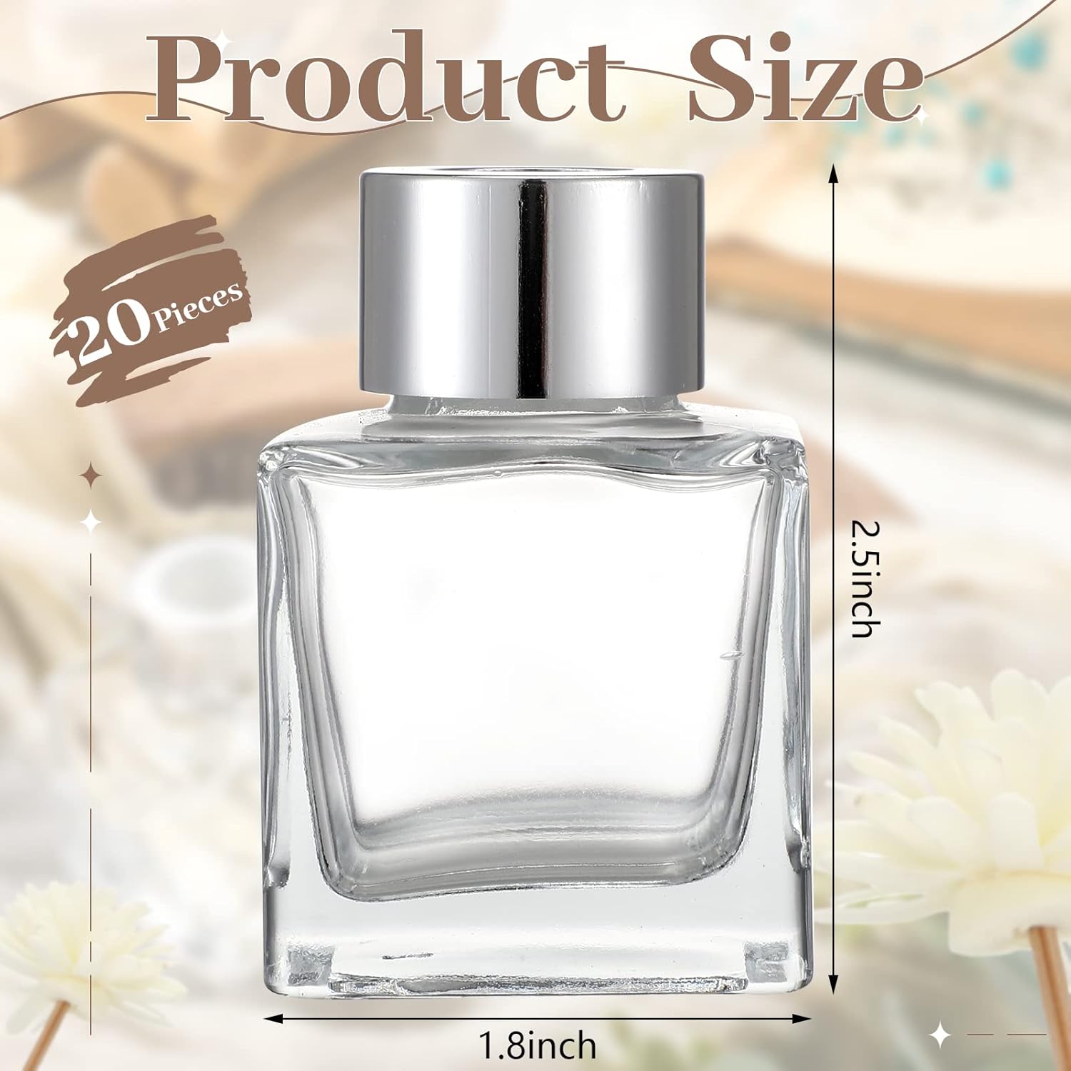 20 Piece Square Glass Diffuser Set with Silver Caps - Refillable for Essential Oils and Reed Sticks