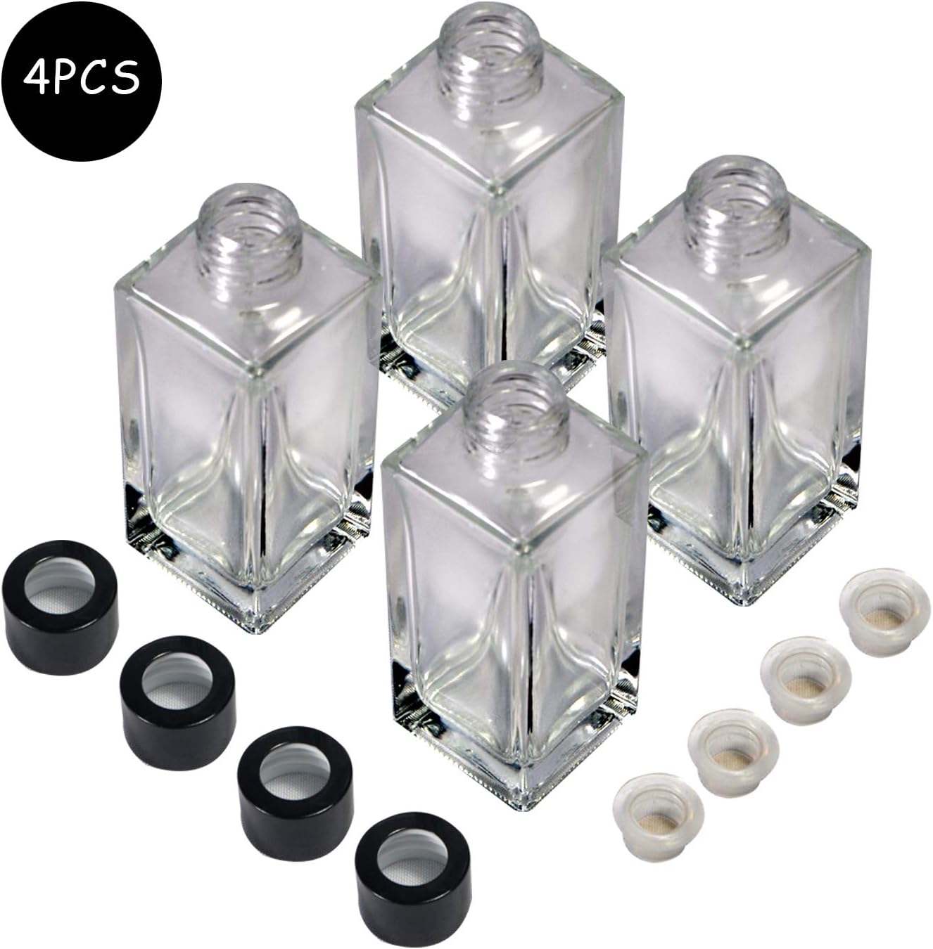 Set of 4 Rectangle Glass Reed Diffuser Bottles with Black Caps