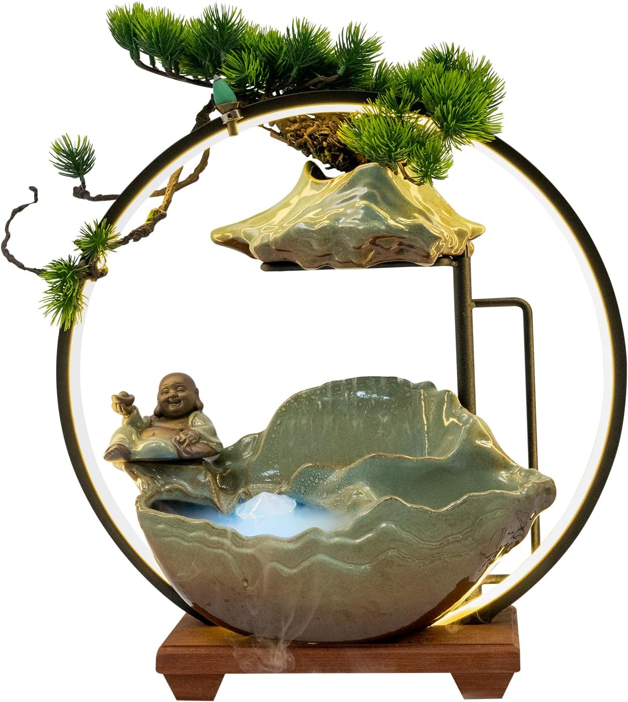 Tabletop Buddha Water Fountain with LED Light and Zen Decor