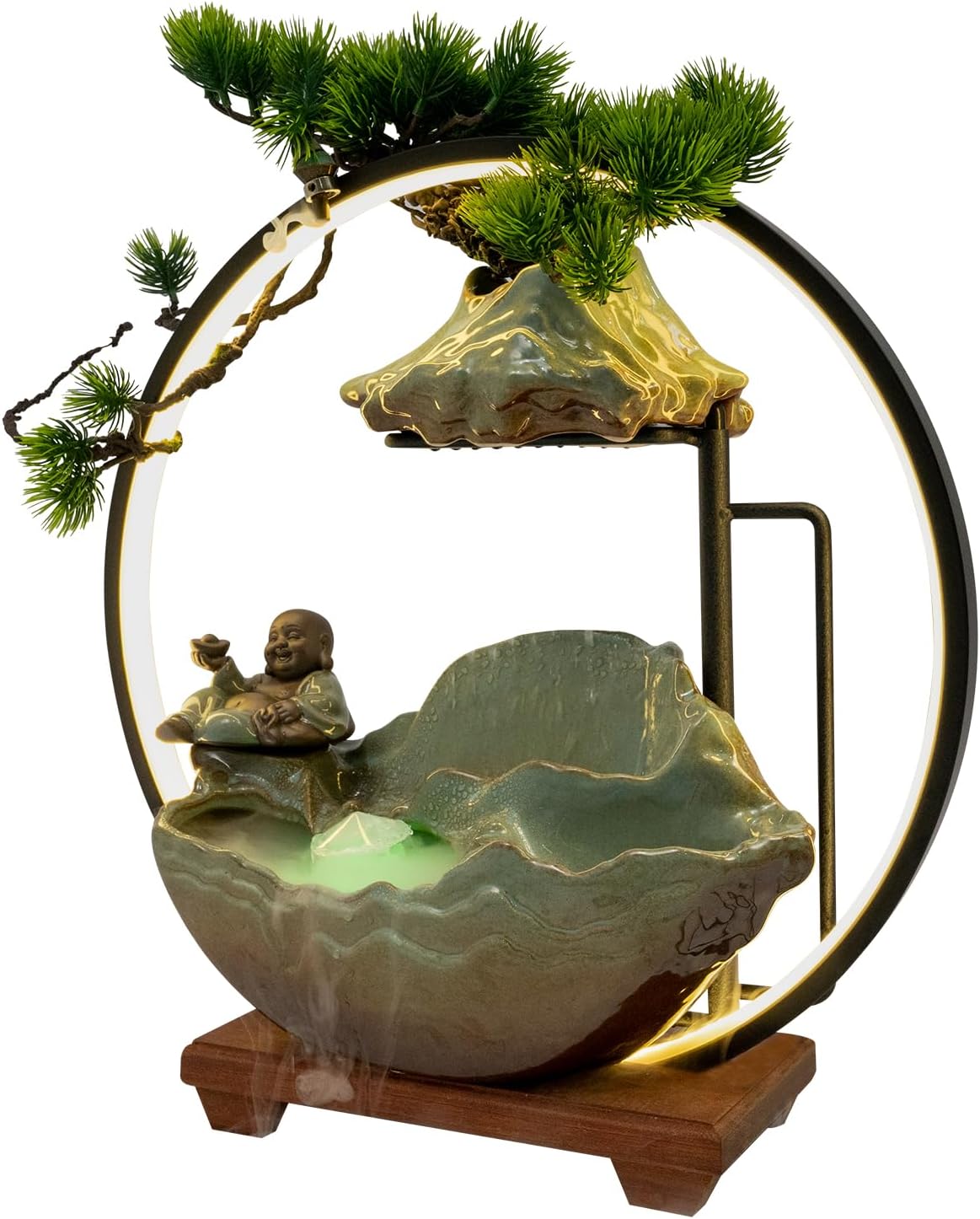 Big Fountain for Table Top - Indoor Waterfall with LED Light and Fake Plants