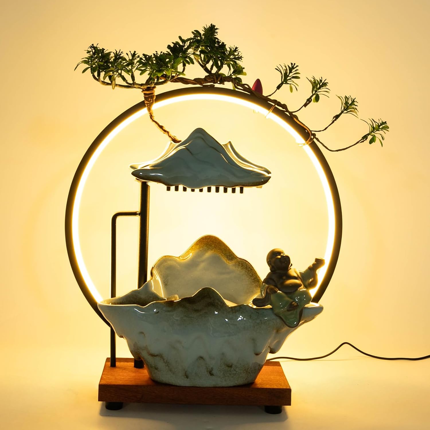 Tabletop Fountain with LED Ring Light and Incense Holder