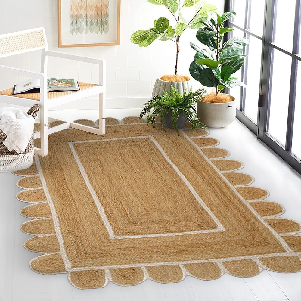 GRUHUM Scalloped Jute Rug 2x3 ft Natural White Trim Rectangular