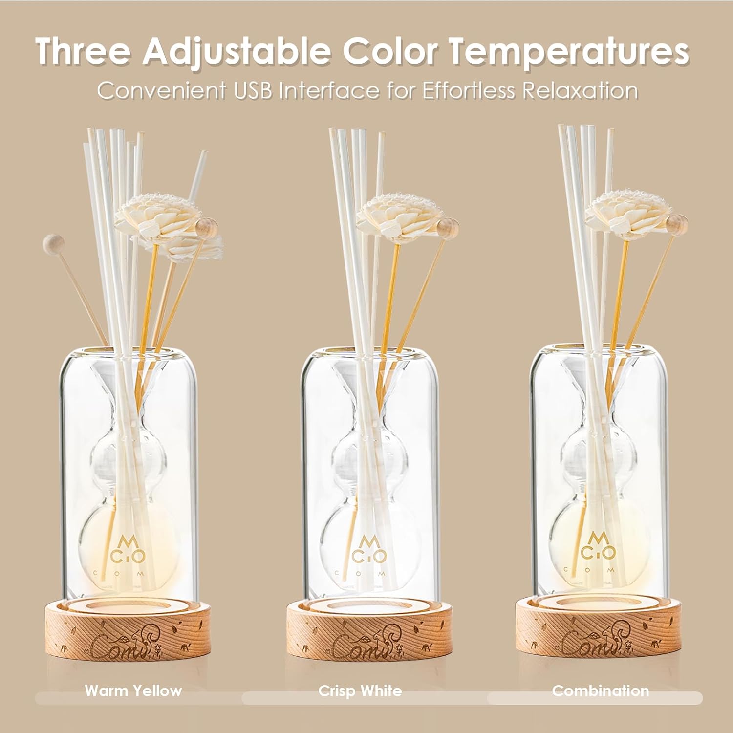 COMI Glass Reed Diffuser Bottle with 5 Sticks and Luminous Base