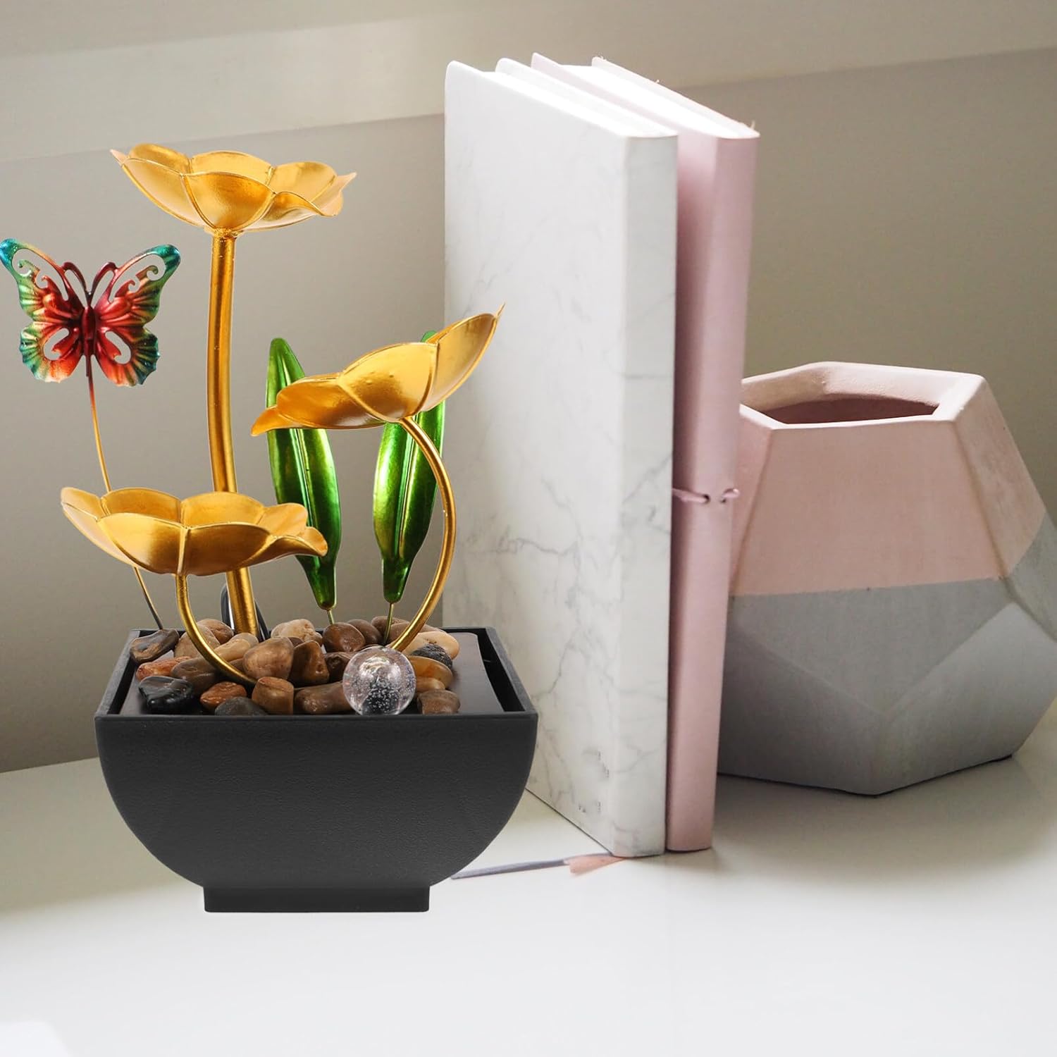 Unomor Tabletop Fountain Waterfall Ornament Elegant Indoor Water Feature USB Powered for Office Decor