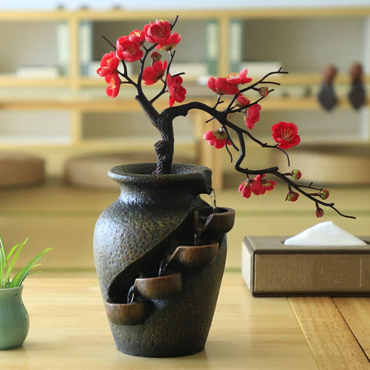Flower Vase Waterfall Fountain Tabletop Indoor Feng Shui Decor