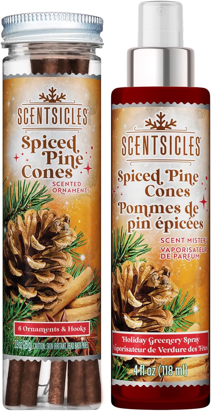 Scentsicles Spiced Pine Cones Scented Christmas Tree Ornaments - 1 Bottle 6 Sticks 1 Spray 4 Oz