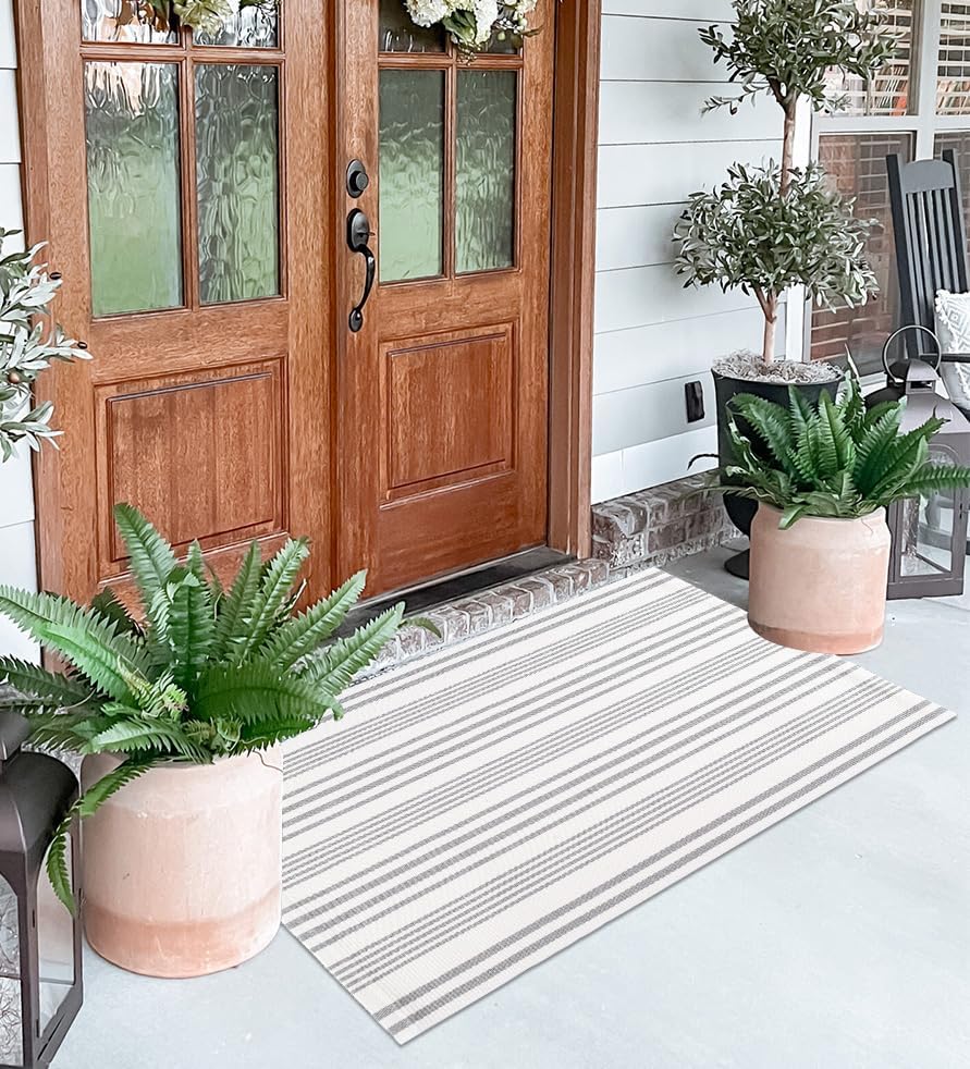 Striped Outdoor Rug for Porch 24x51 Grey White