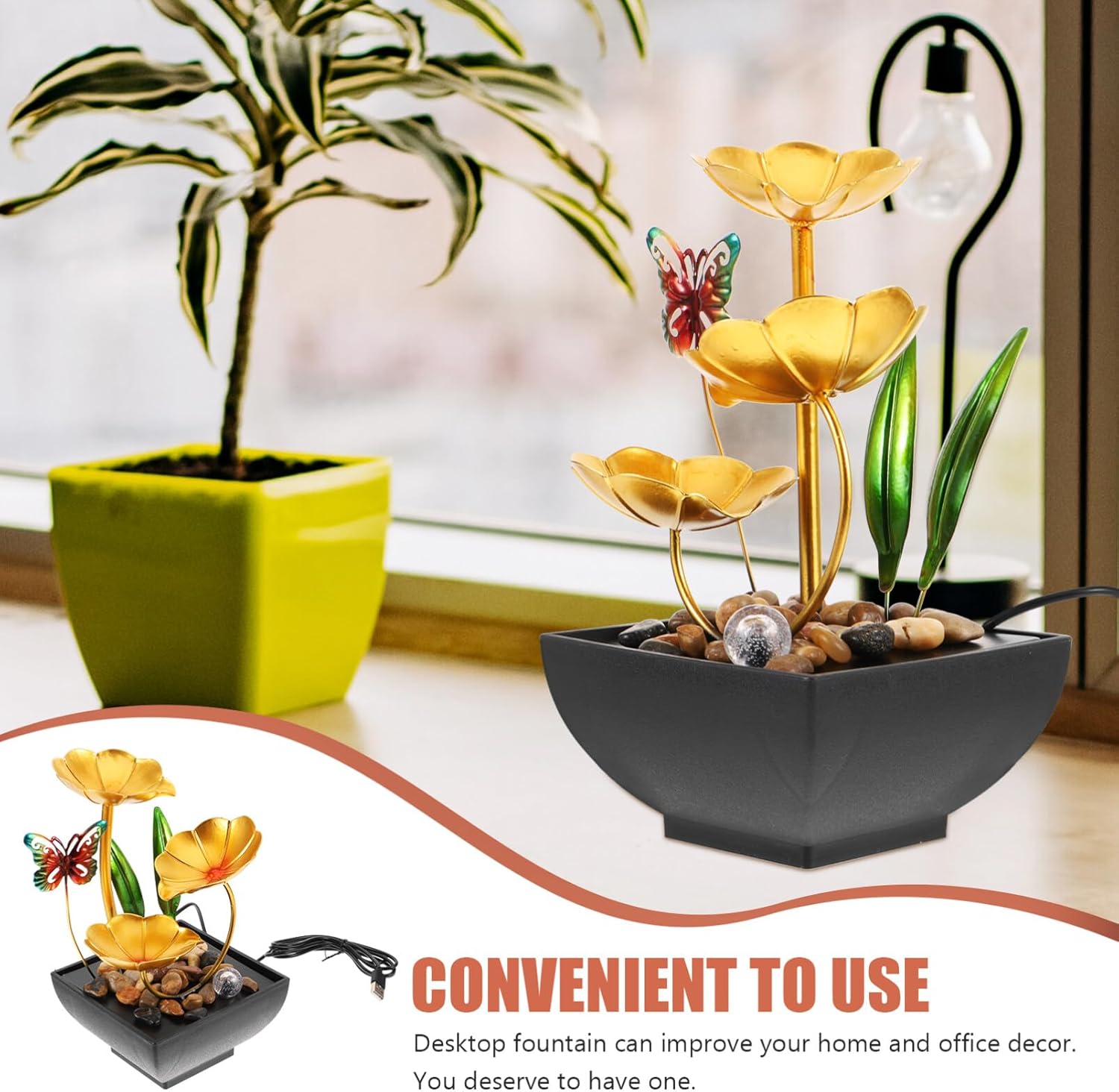 Unomor Tabletop Fountain Waterfall Ornament Elegant Indoor Water Feature USB Powered for Office Decor