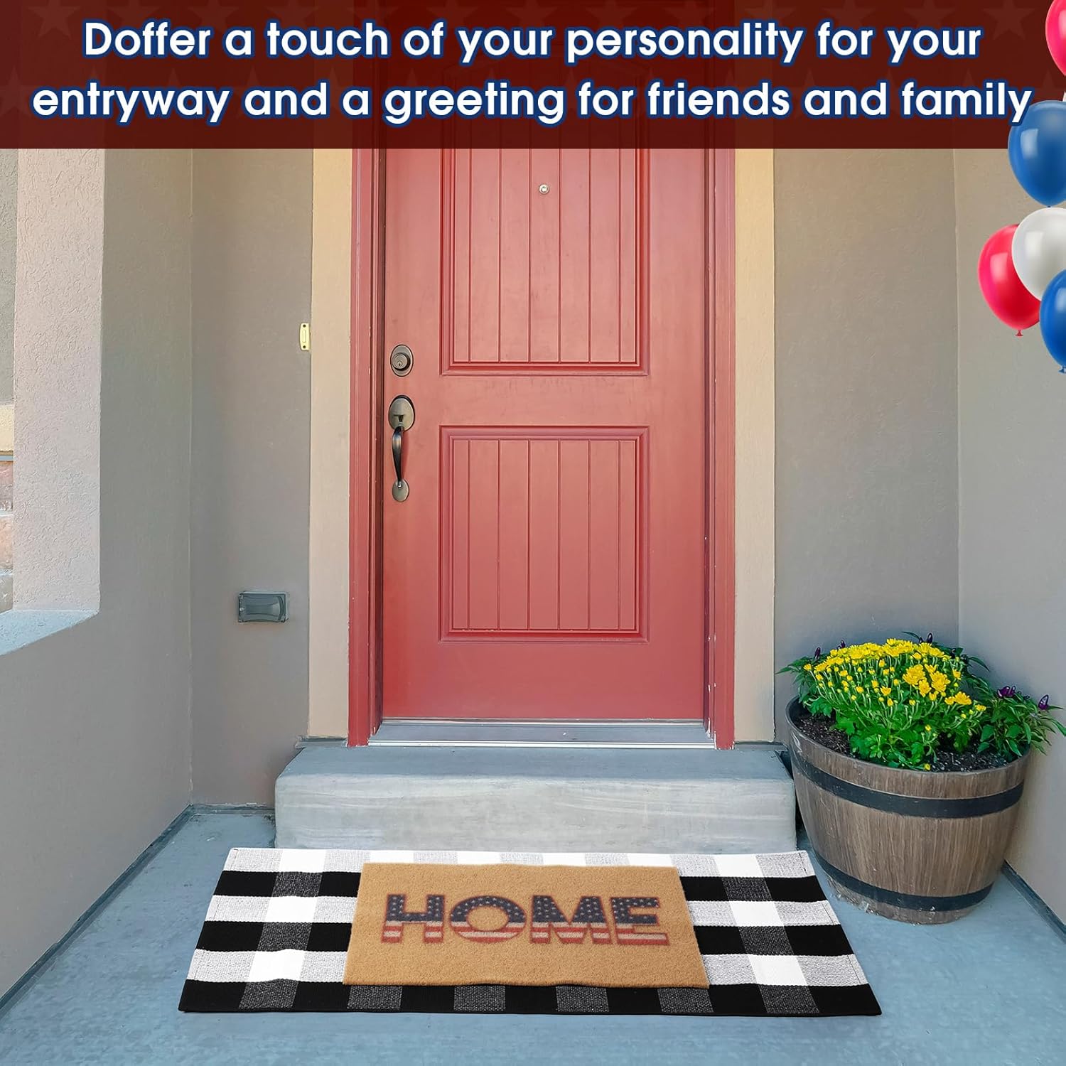 2 Pcs 4th of July Door Mat Set Patriotic Rug and Coir Welcome Mat for Front Porch Entrance