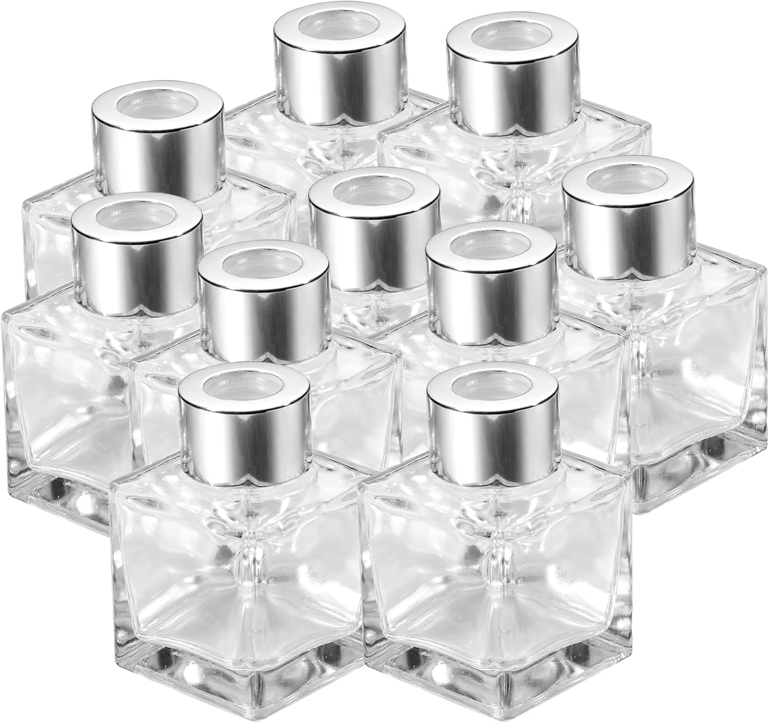 20 Piece Square Glass Diffuser Set with Silver Caps - Refillable for Essential Oils and Reed Sticks