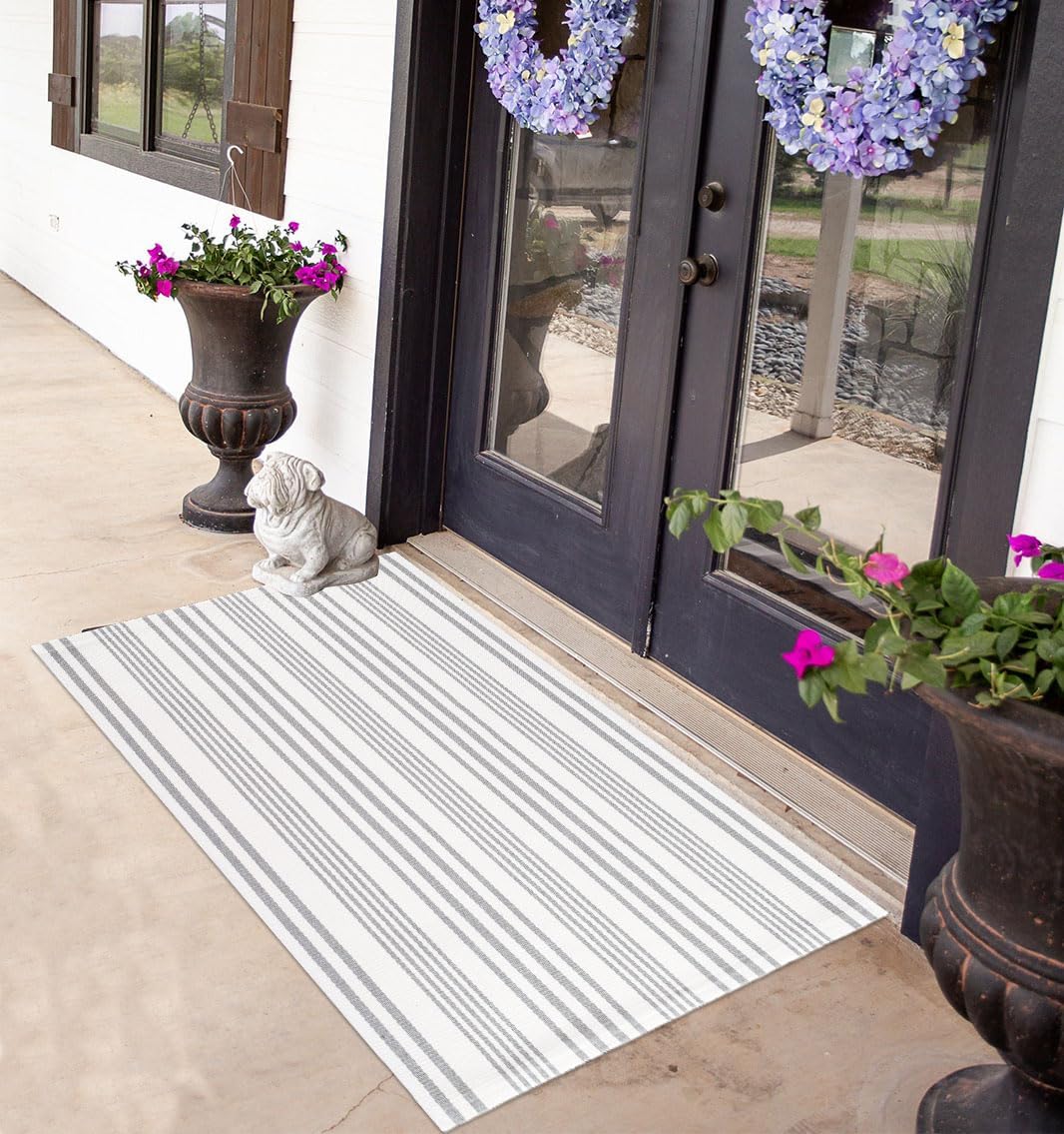 Striped Outdoor Rug for Porch 24x51 Grey White