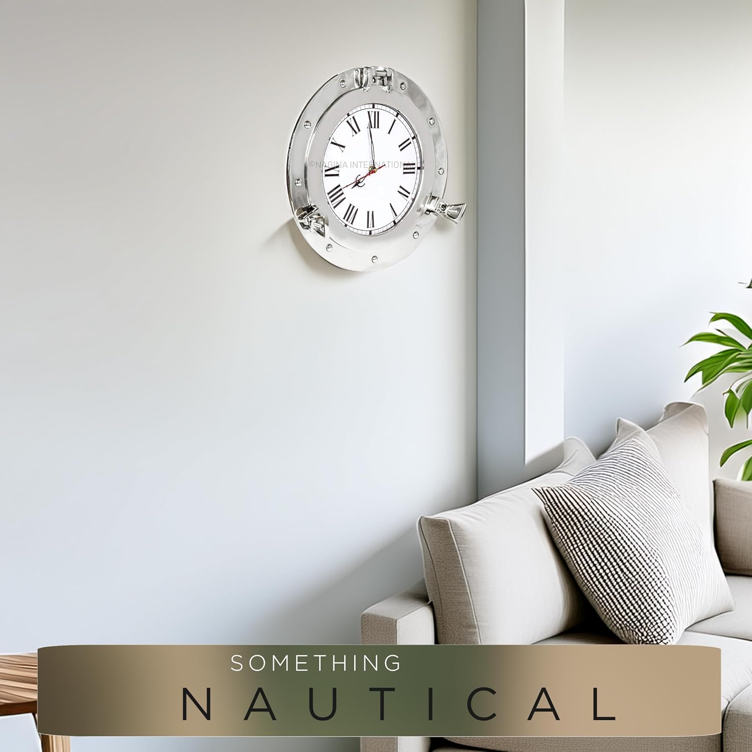 Nagina International Silver Lined Nautical Porthole Wall Mirror Clock 15 Inches