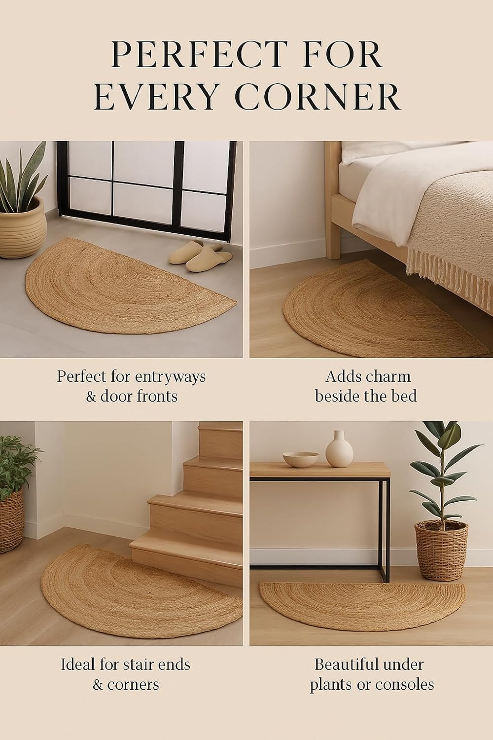 Handwoven Jute Half Moon Entryway Rug 18x36 inch