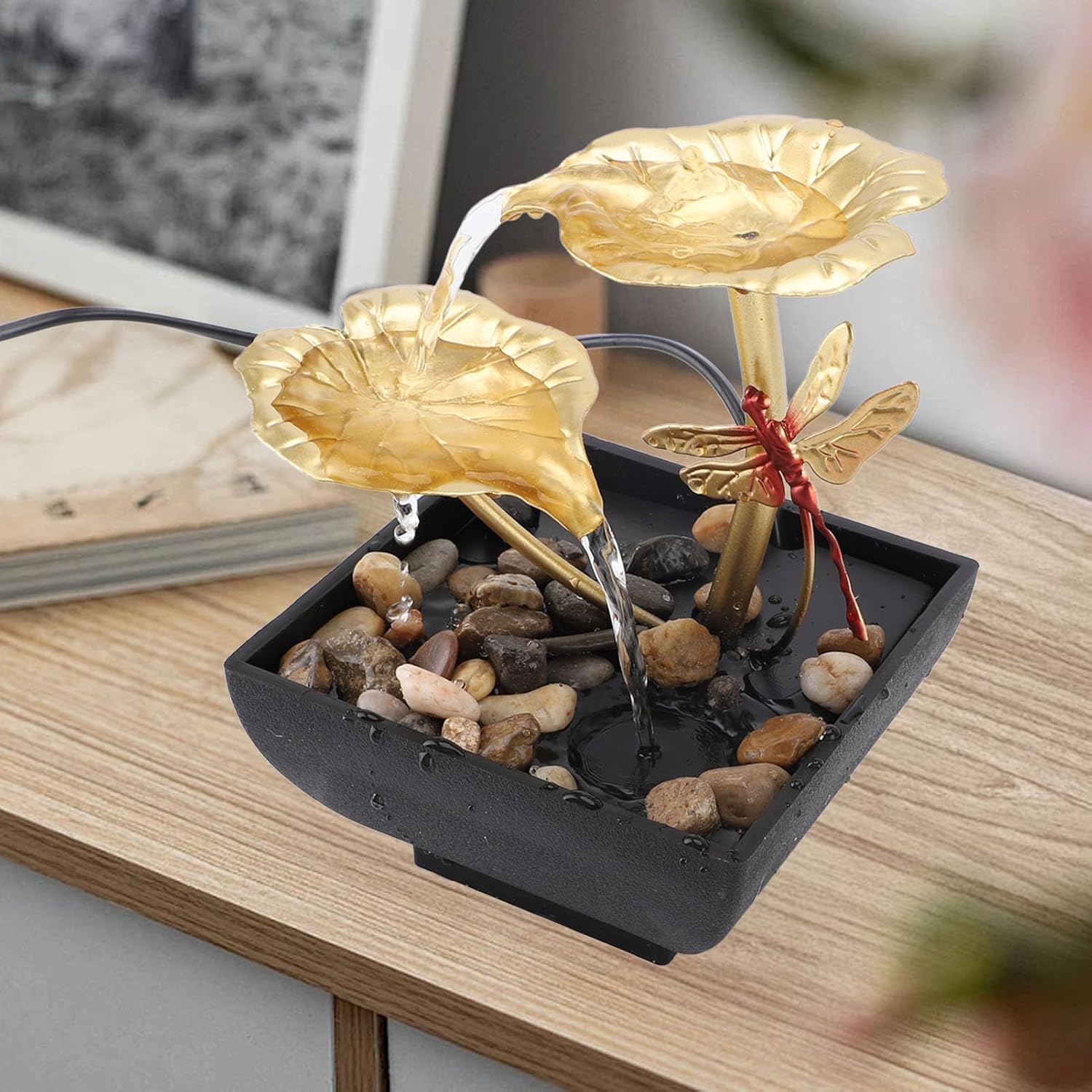 PerGar Lotus Leaf Dragonfly Fountain Water Decor for Home Office