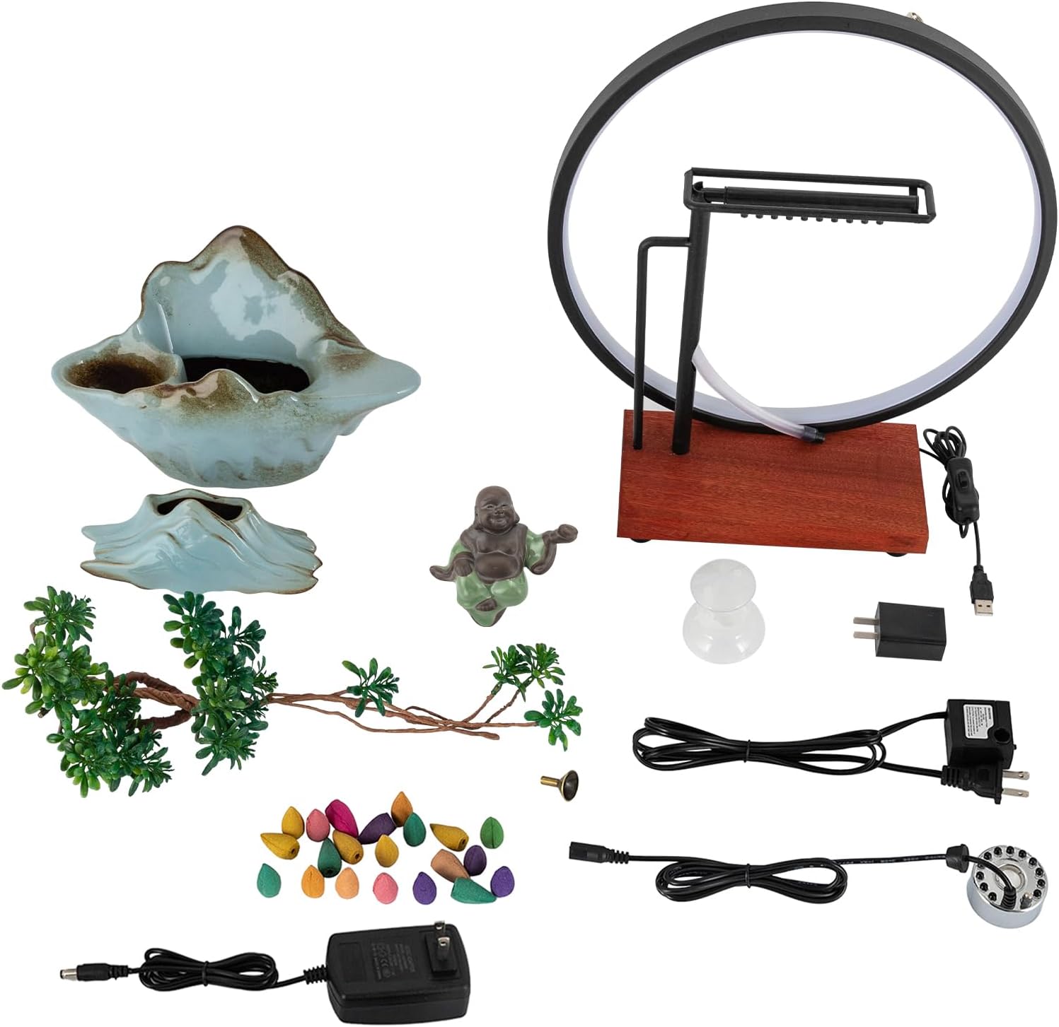 Tabletop Fountain with LED Ring Light and Incense Holder