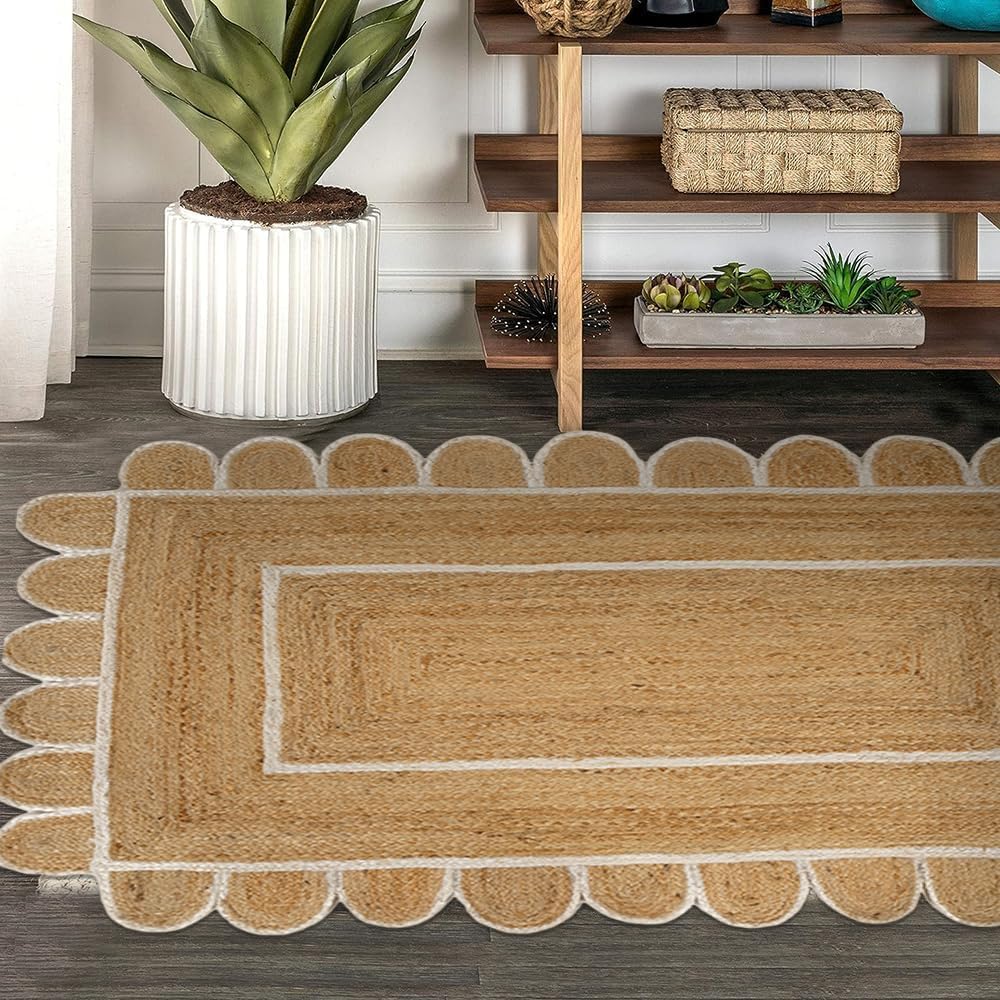 GRUHUM Scalloped Jute Rug 2x3 ft Natural White Trim Rectangular