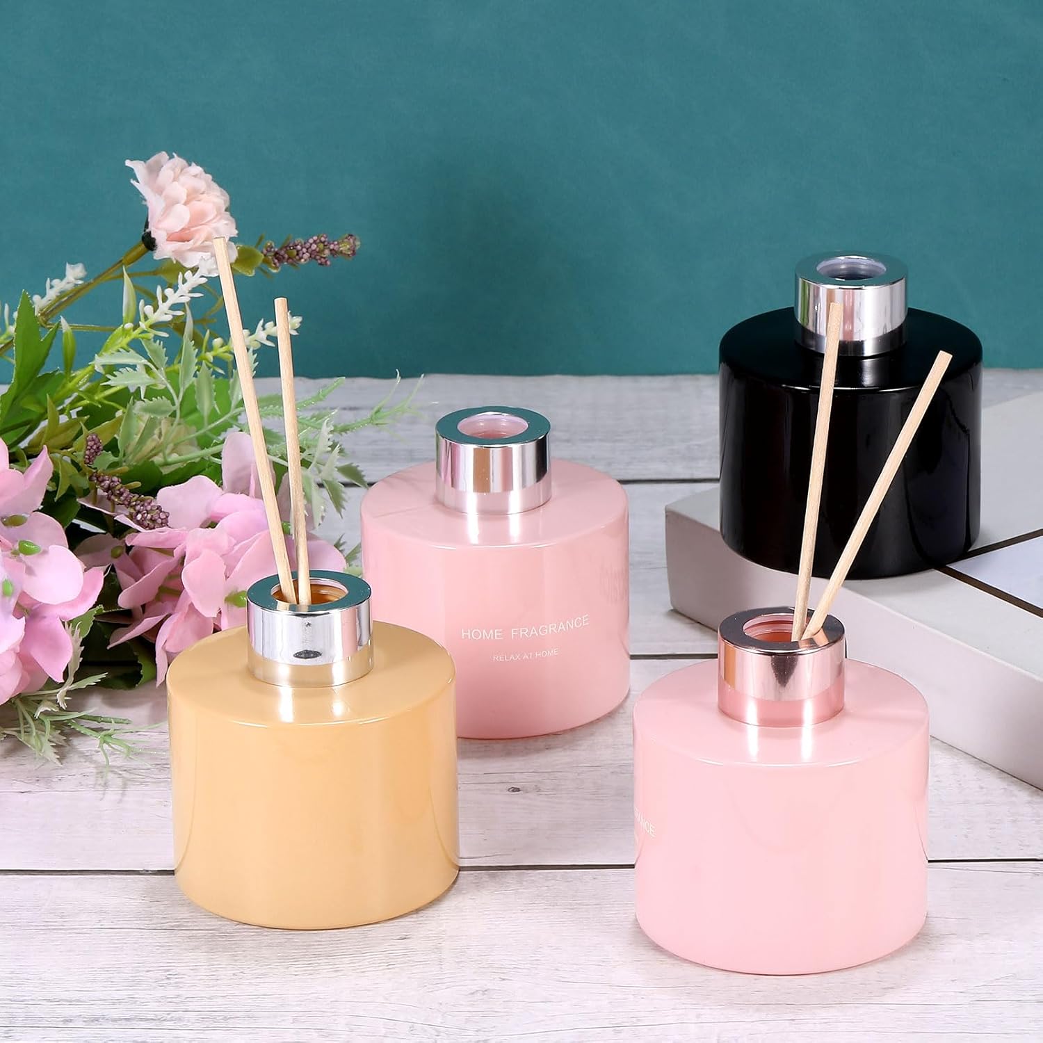 HARFINGTON 4pc Glass Diffuser Set 140ml Pale Orange with Silver Cap