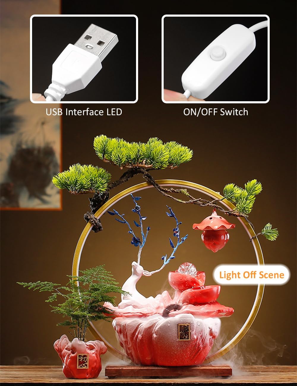 Elegant Deer Water Fountain with LED Light Mist